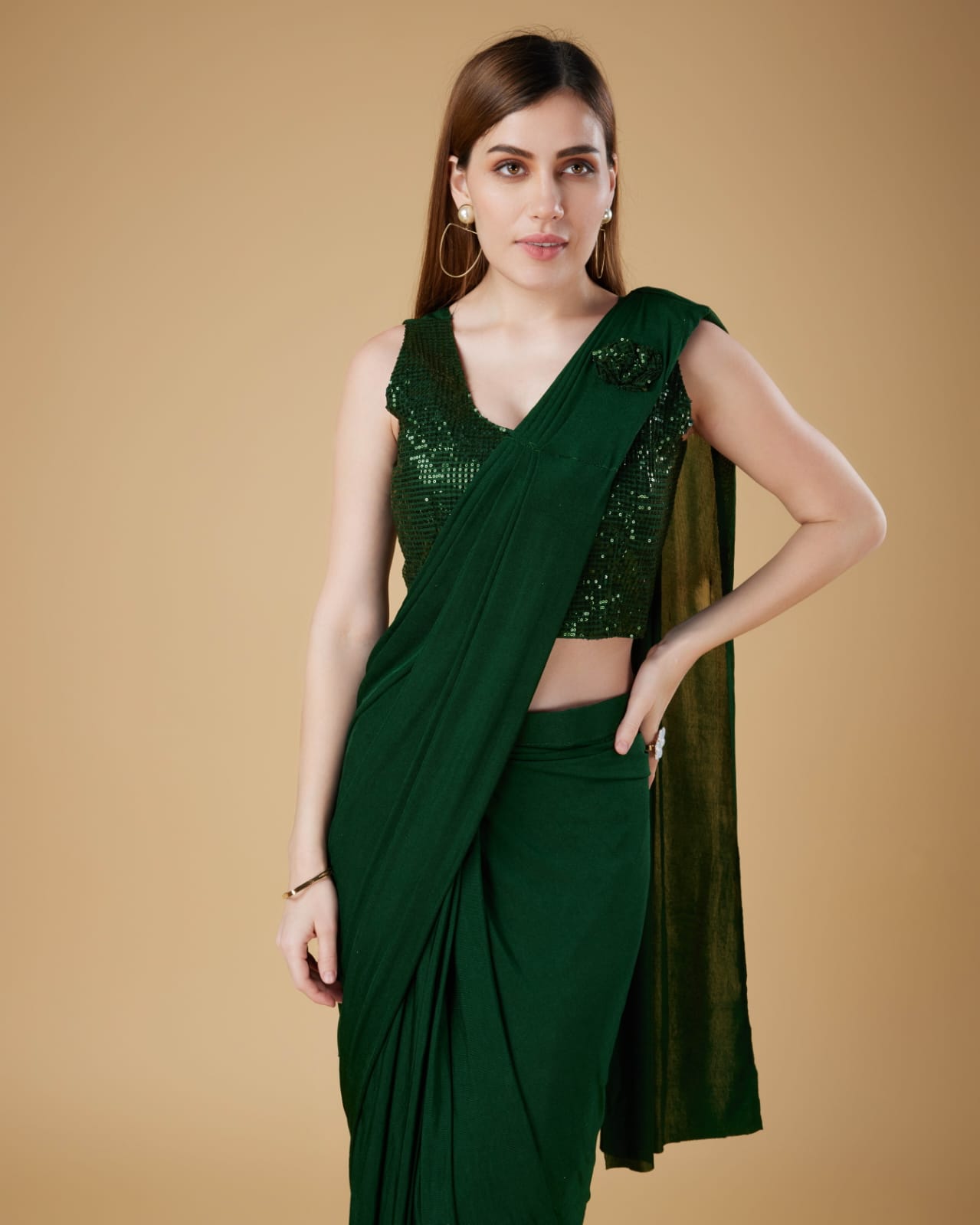 Green Colour Ready-to-Wear Saree with Embroidered Sequence Designer Blouse