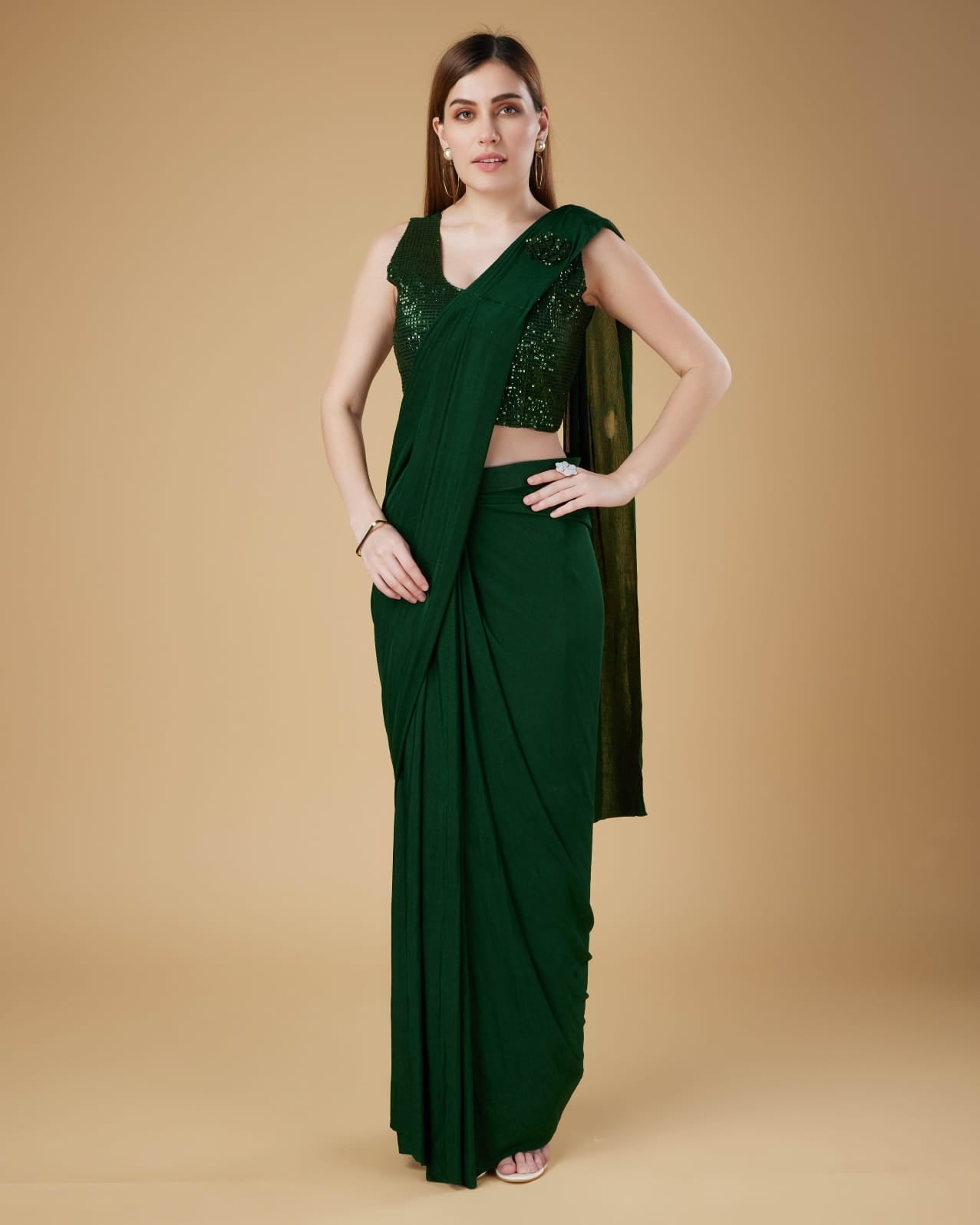 Green Colour Ready-to-Wear Saree with Embroidered Sequence Designer Blouse