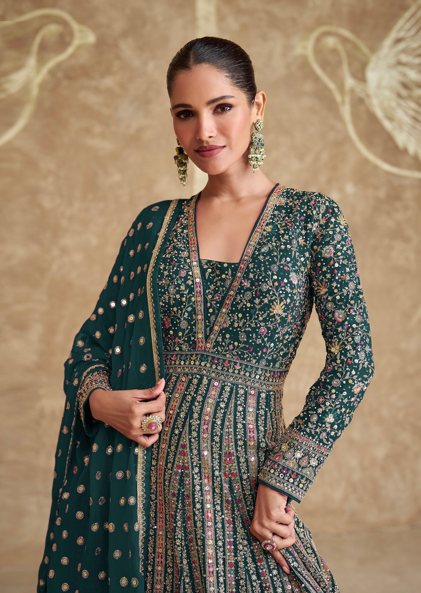 Green Embroidered Georgette Anarkali with Embroidered Dupatta