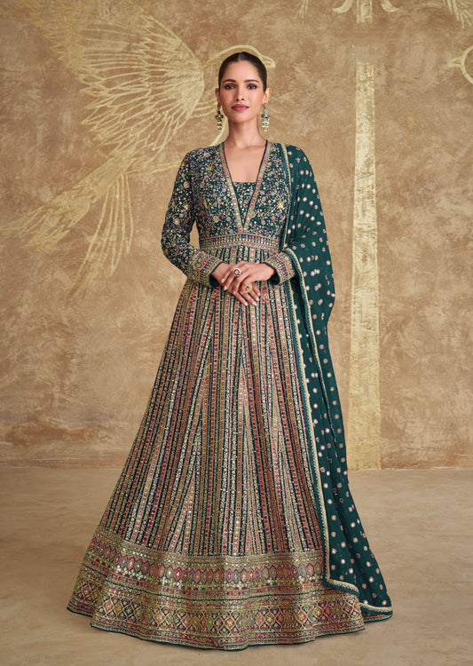 Green Embroidered Georgette Anarkali with Embroidered Dupatta