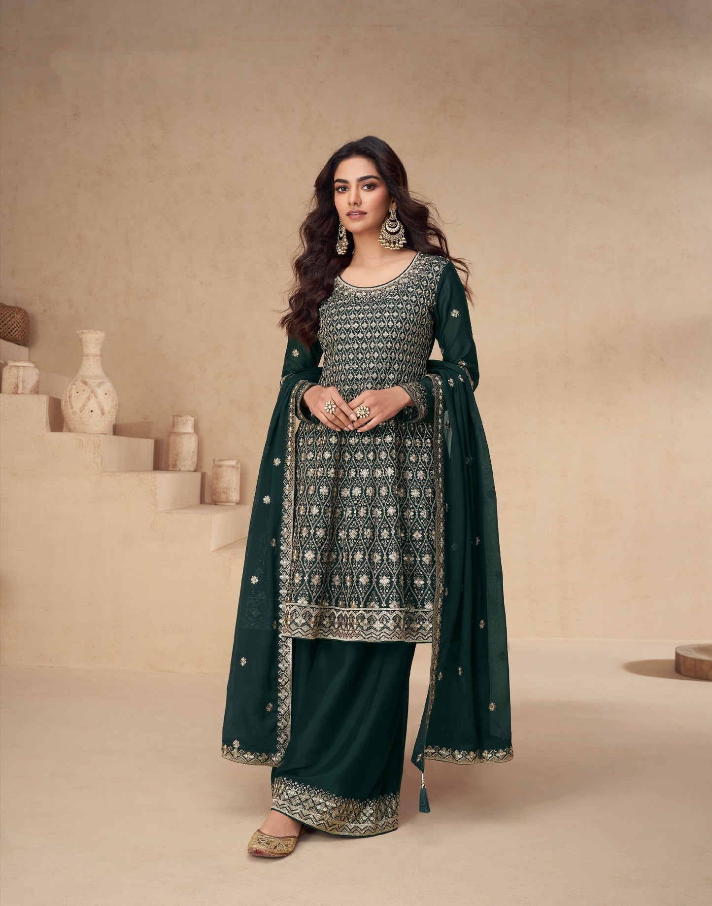 Green Chinnon Silk Palazzo Suit with Embroidery Dupatta