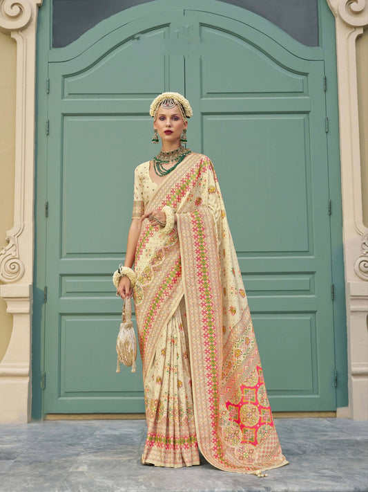 Cream Banarasi Silk Saree & Kashmiri Weaving & Meenakari Embellishments