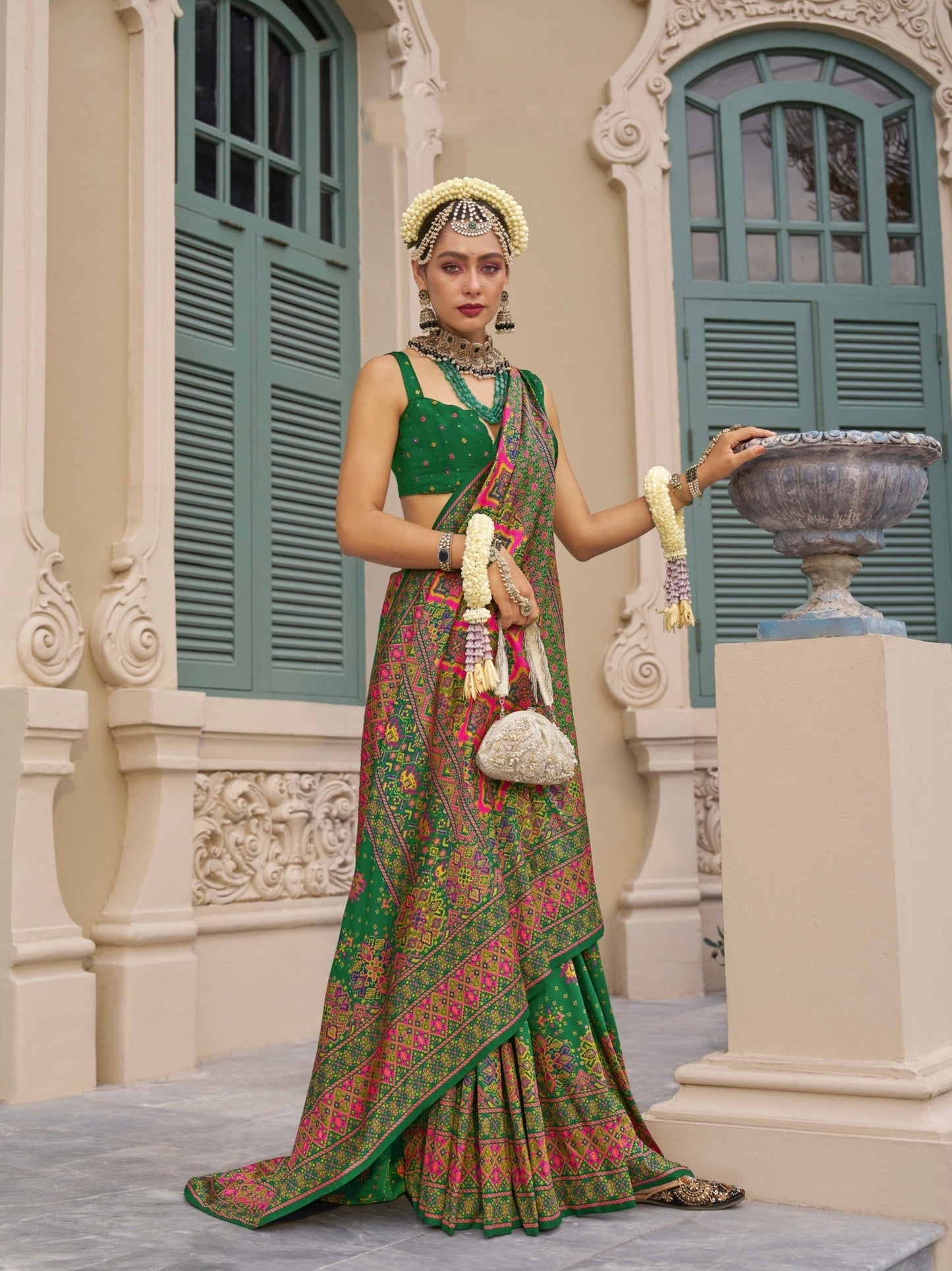 Green Banarasi Silk Saree with Kashmiri Weaving and Meenakari Details