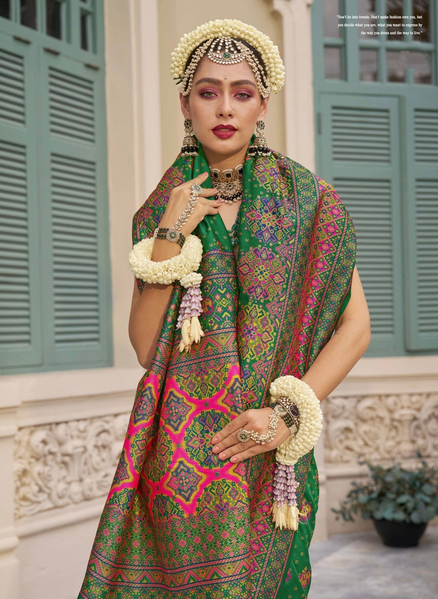 Green Banarasi Silk Saree with Kashmiri Weaving and Meenakari Details