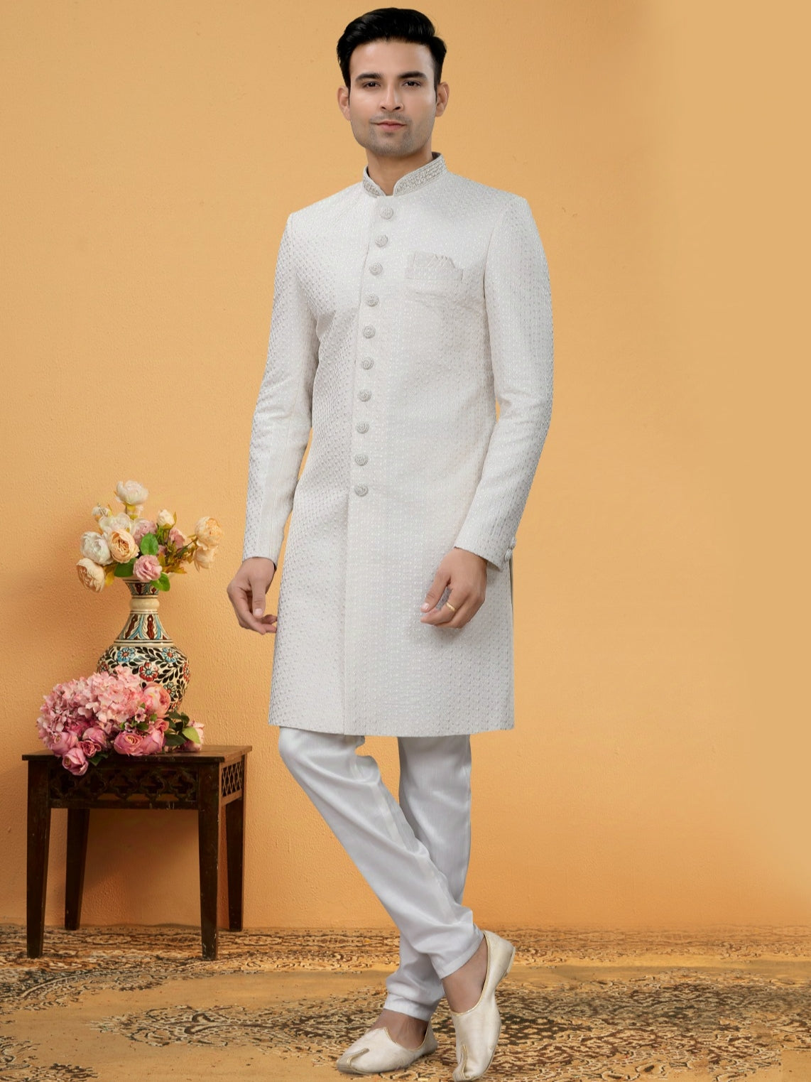 Off-White Indo Western Kurta Set with Embroidered Jacket