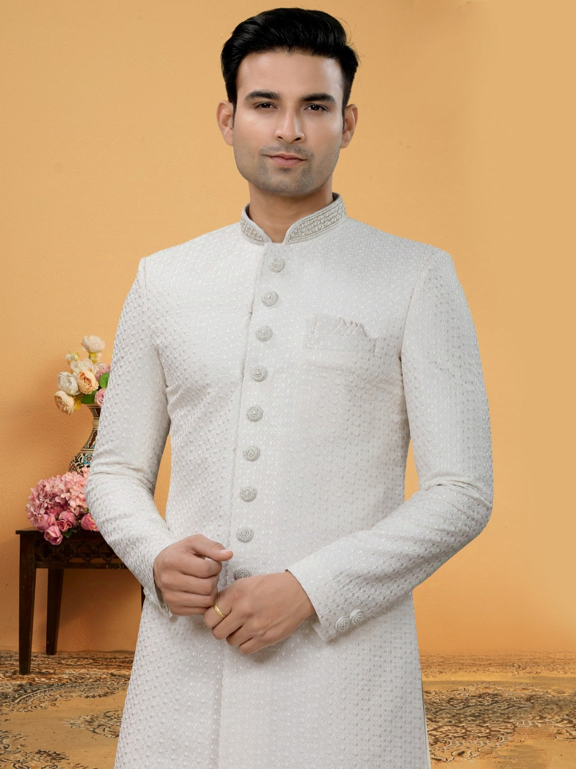 Off-White Indo Western Kurta Set with Embroidered Jacket