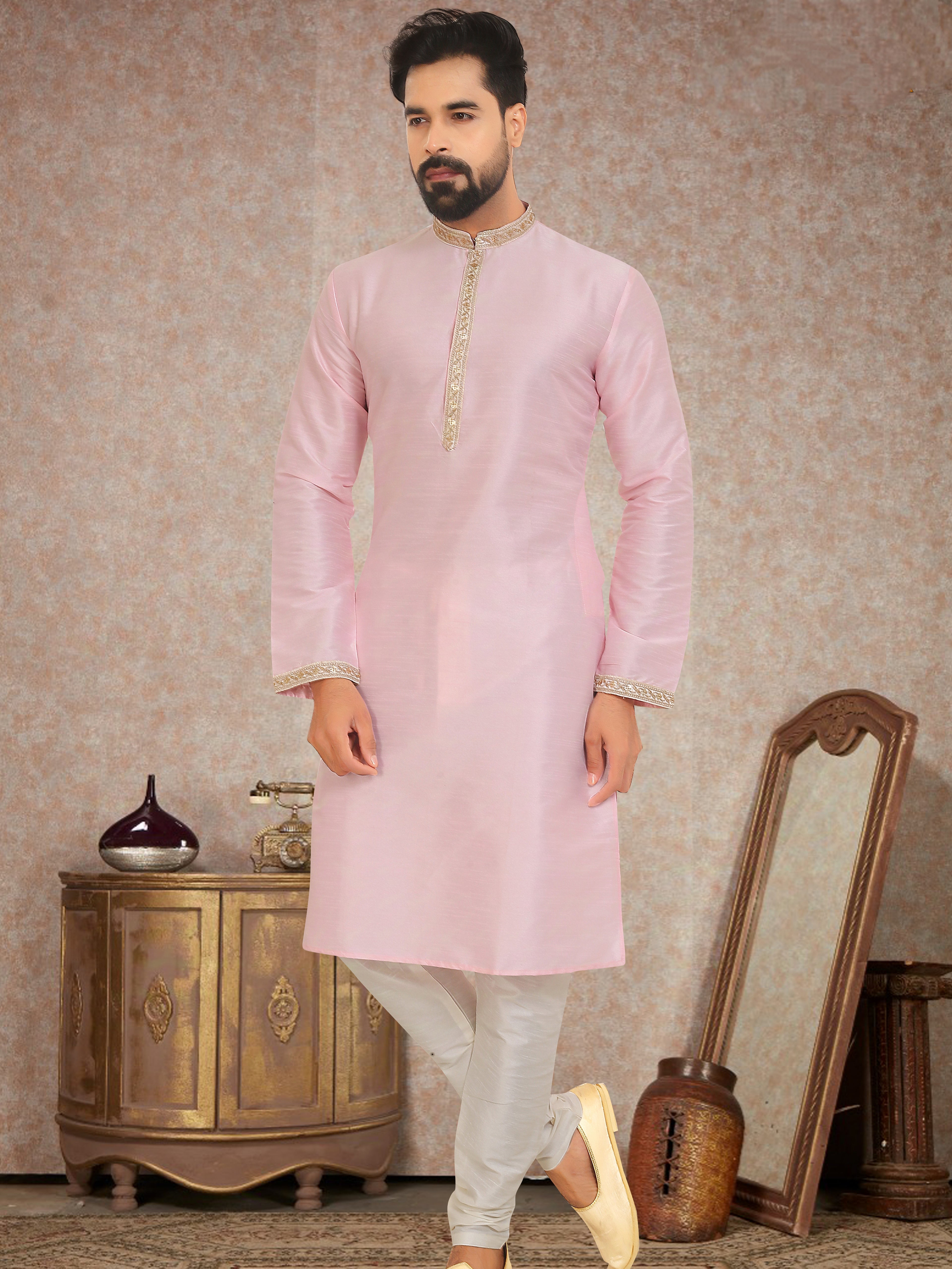 Baby Pink Dupion Silk Kurta Pajama for Men