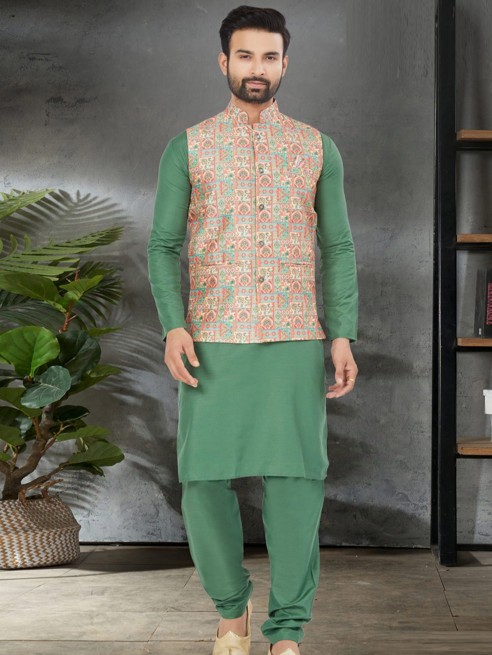 Green Kurta Jacket Set with Digital Printed Silk Jacket