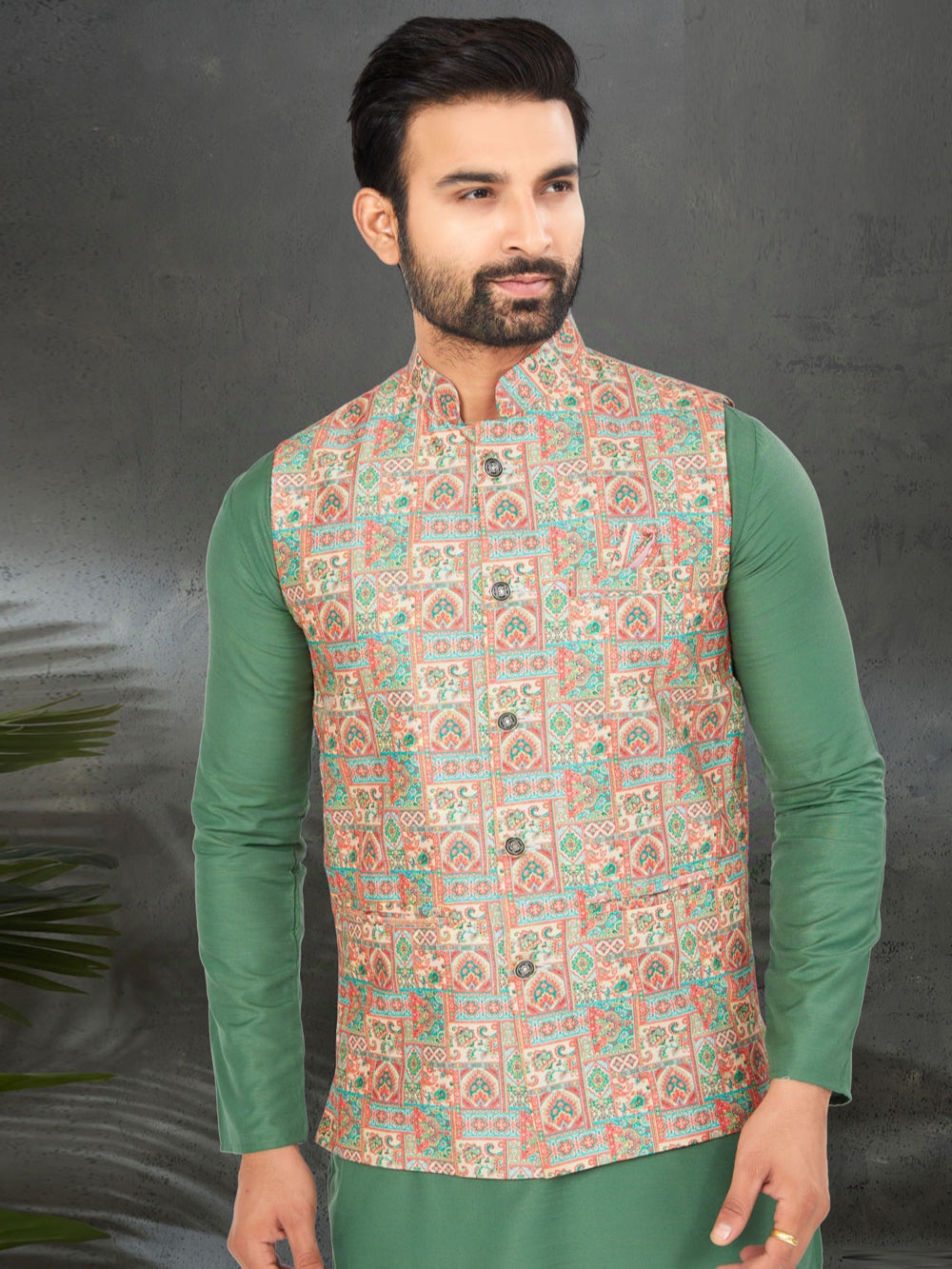 Green Kurta Jacket Set with Digital Printed Silk Jacket