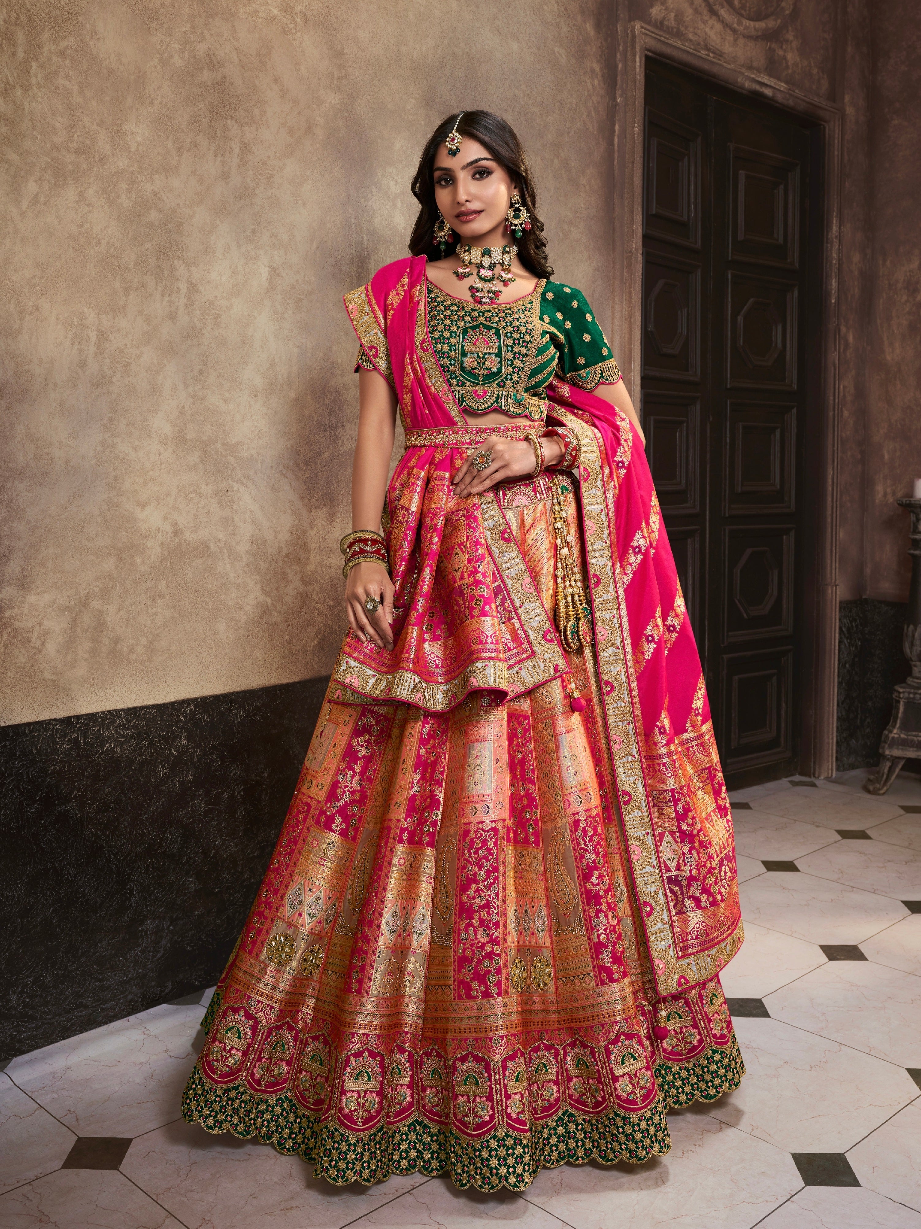 Green and Pink Zarkan Sequins Work Banarasi Lehenga