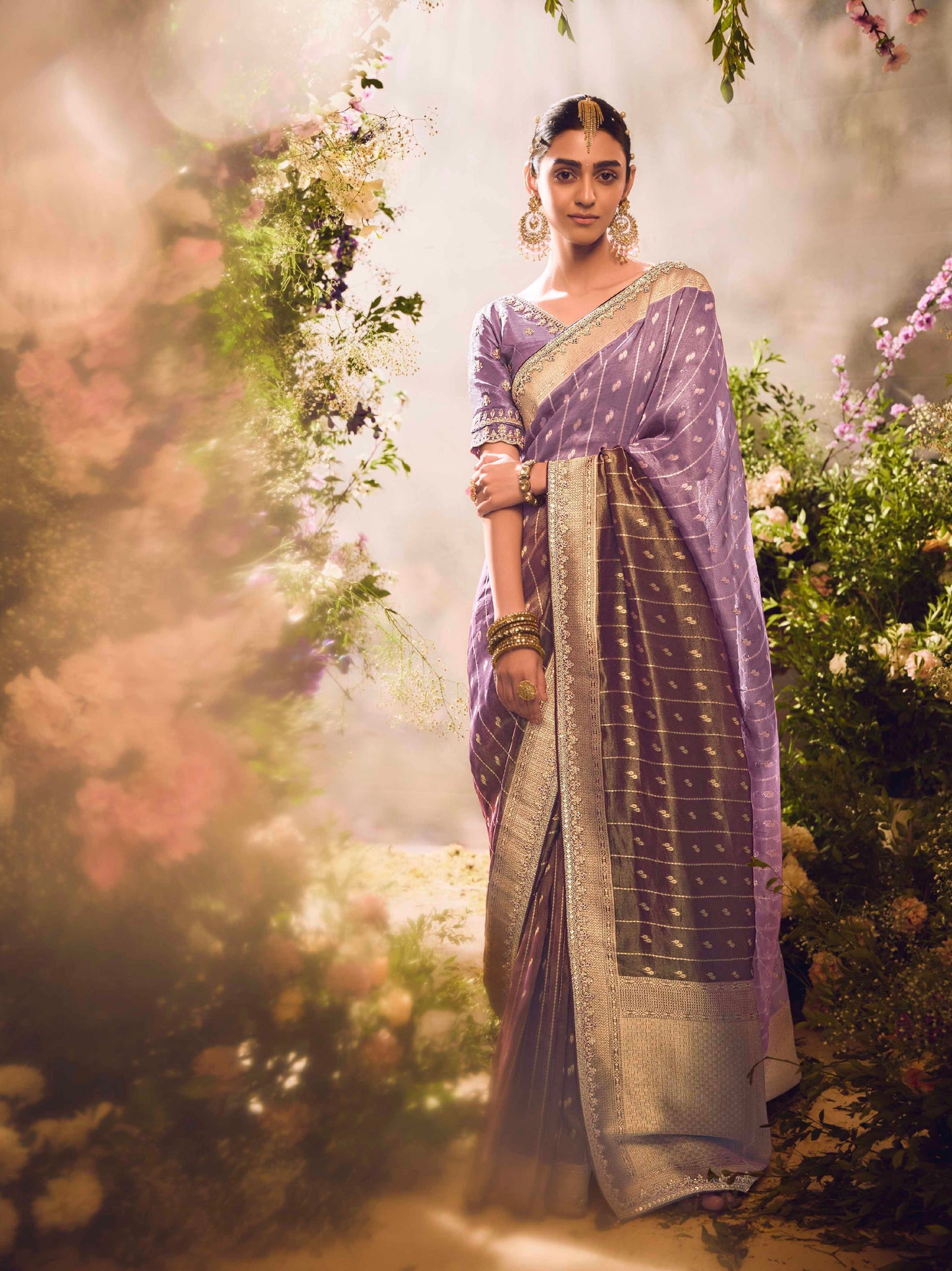 Lavender Zari Weaving Sequence Embroidered Banarasi Saree