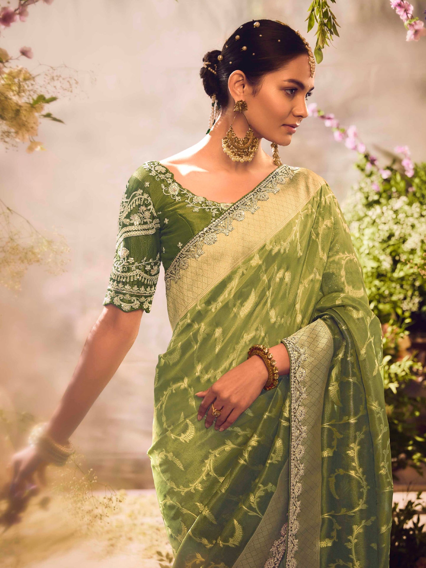 Parrot Green Zari Embroidered Banarasi Saree