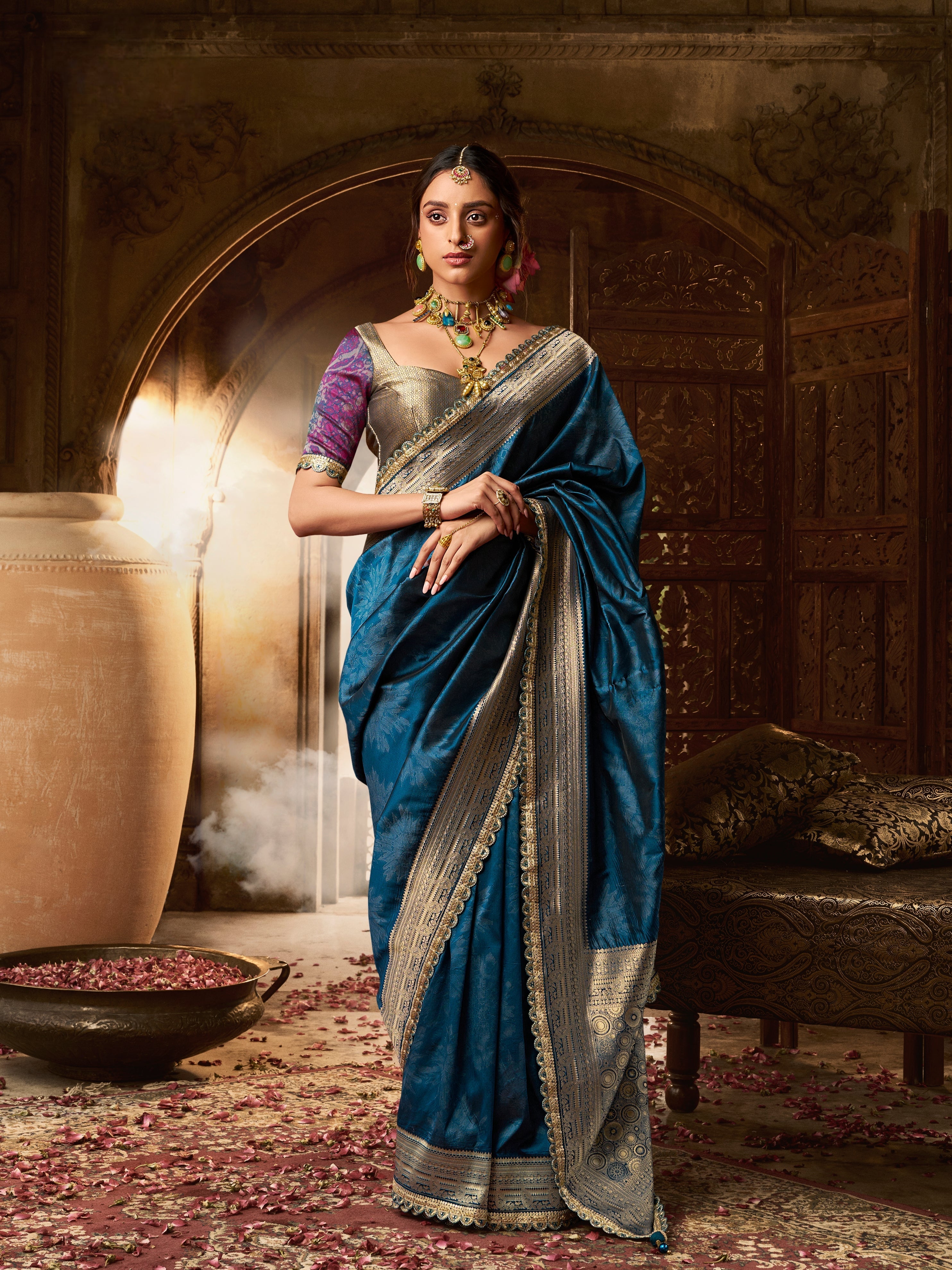 Blue Banarasi Silk Saree with Heavy Pallu