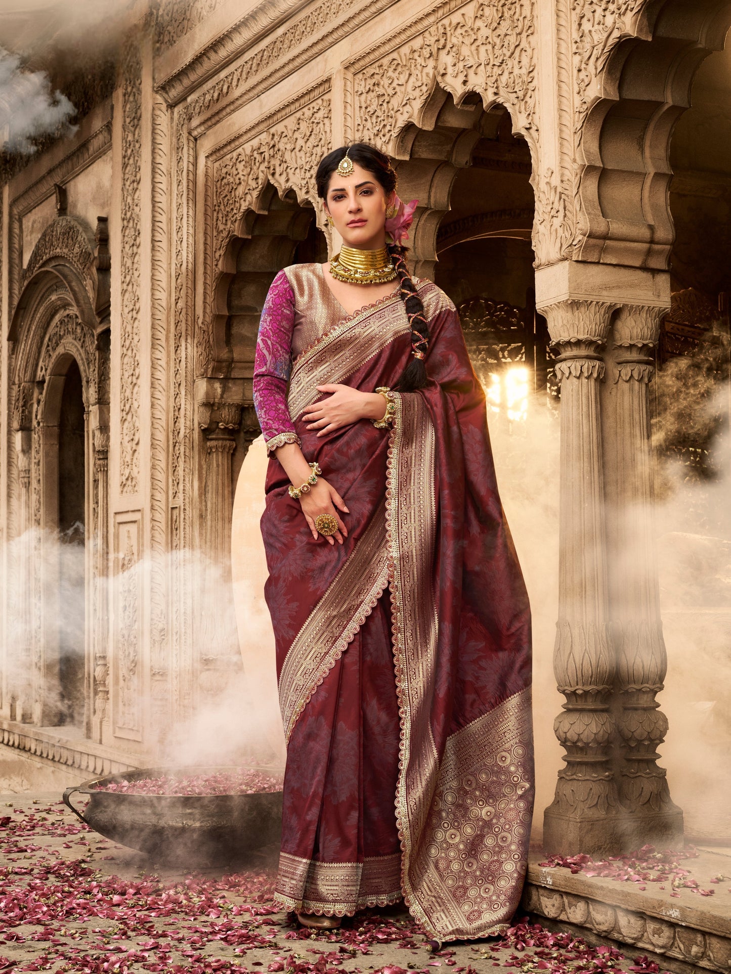 Maroon Banarasi Silk Saree with Heavy Pallu