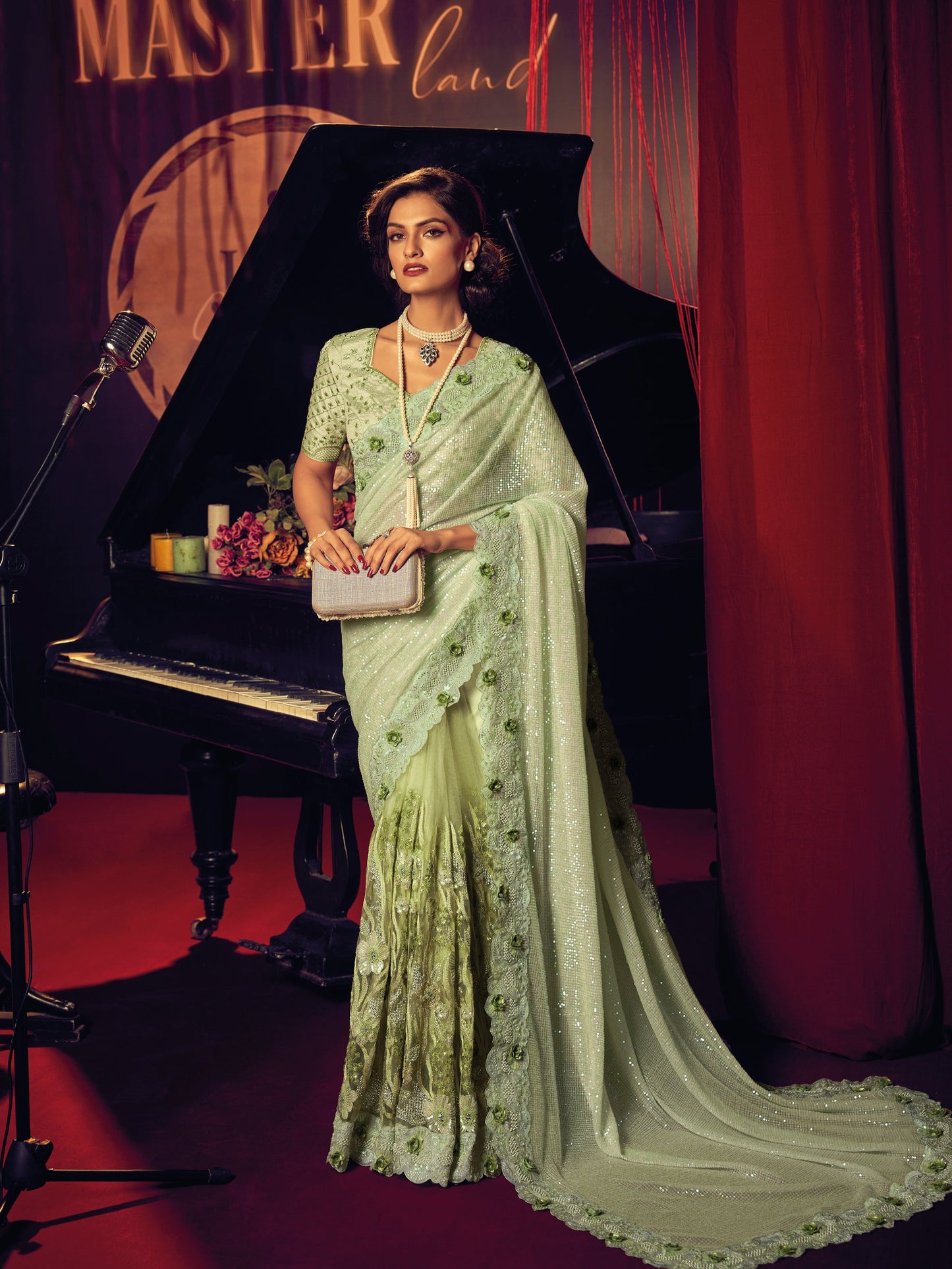 Green Digital Net Saree with Heavy Embroidery & Sequins