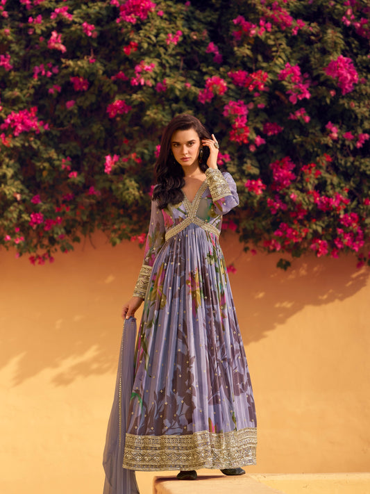 Lavender Embroidered Chinon Silk Anarkali Suit