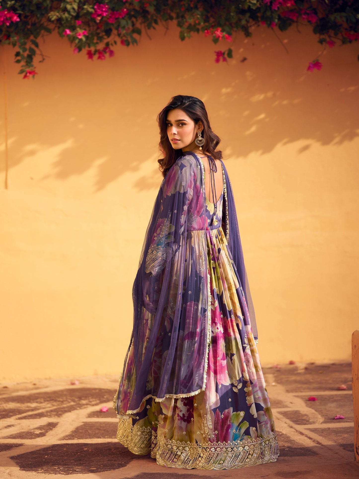 Multicolor Floral Embroidered Chinon Silk Anarkali Suit