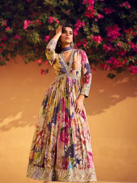 Multicolor Floral Embroidered Chinon Silk Anarkali Suit