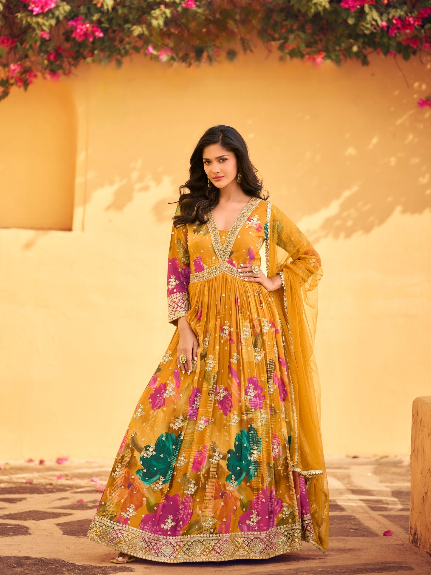 Golden Yellow Embroidered Chinon Silk Anarkali Suit