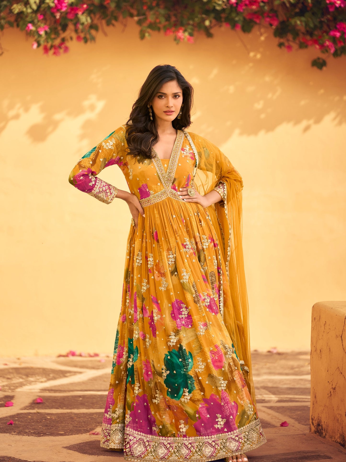 Golden Yellow Embroidered Chinon Silk Anarkali Suit