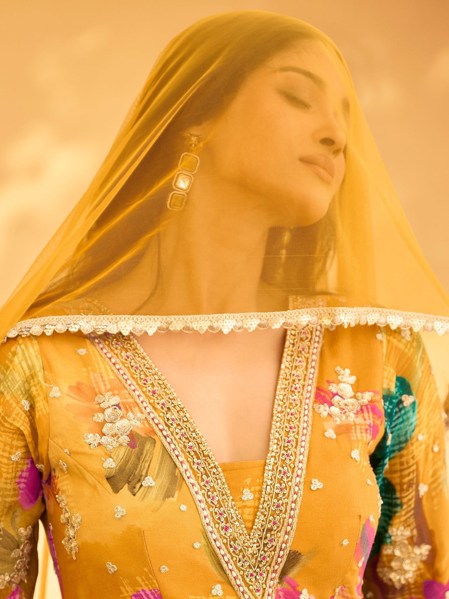 Golden Yellow Embroidered Chinon Silk Anarkali Suit