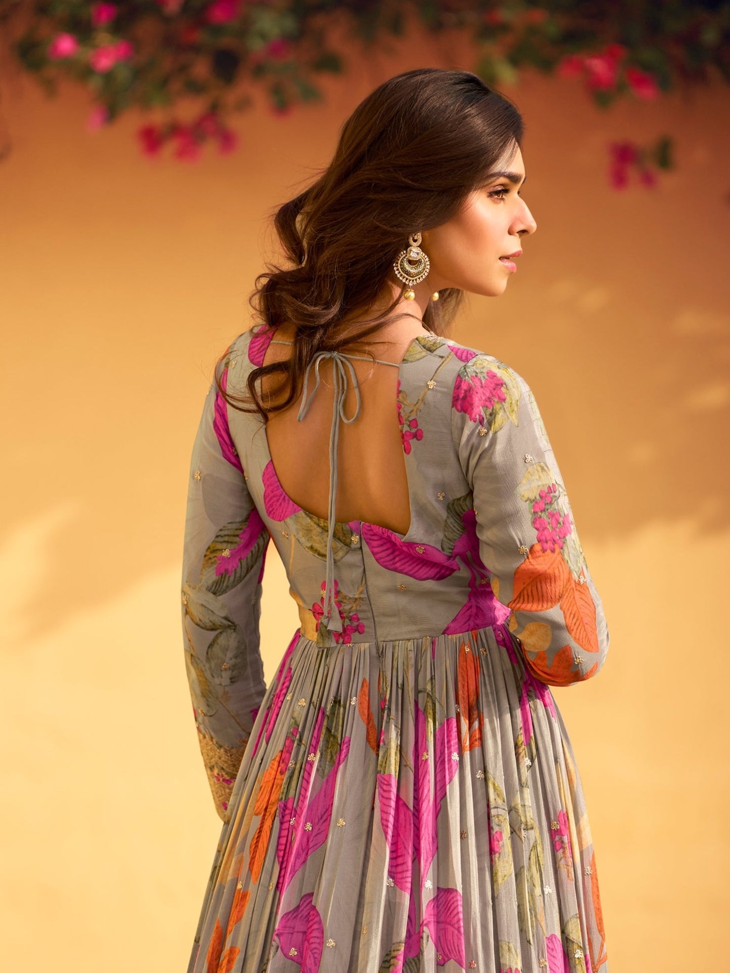 Gray Embroidered Chinon Silk Designer Anarkali Suit