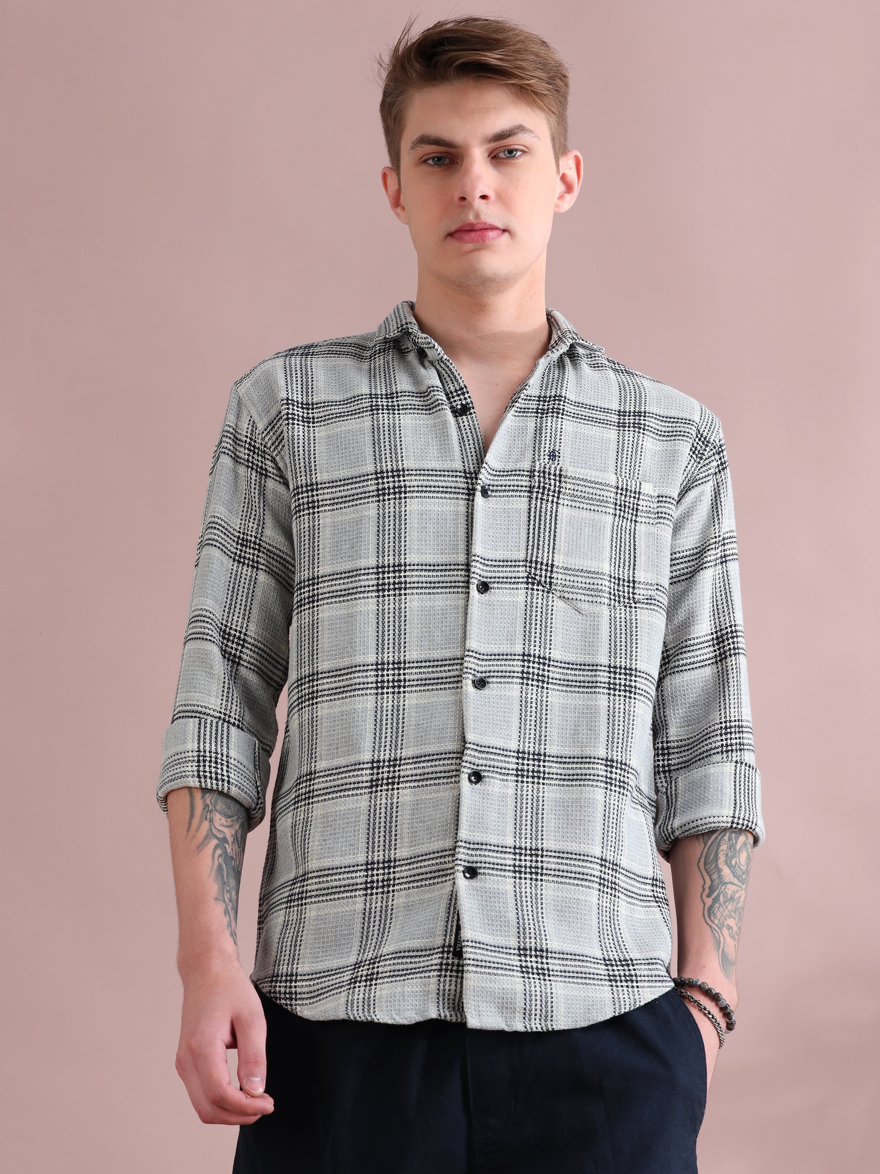 Full Sleeves Grey Mocklin Checkered Shirt For Men