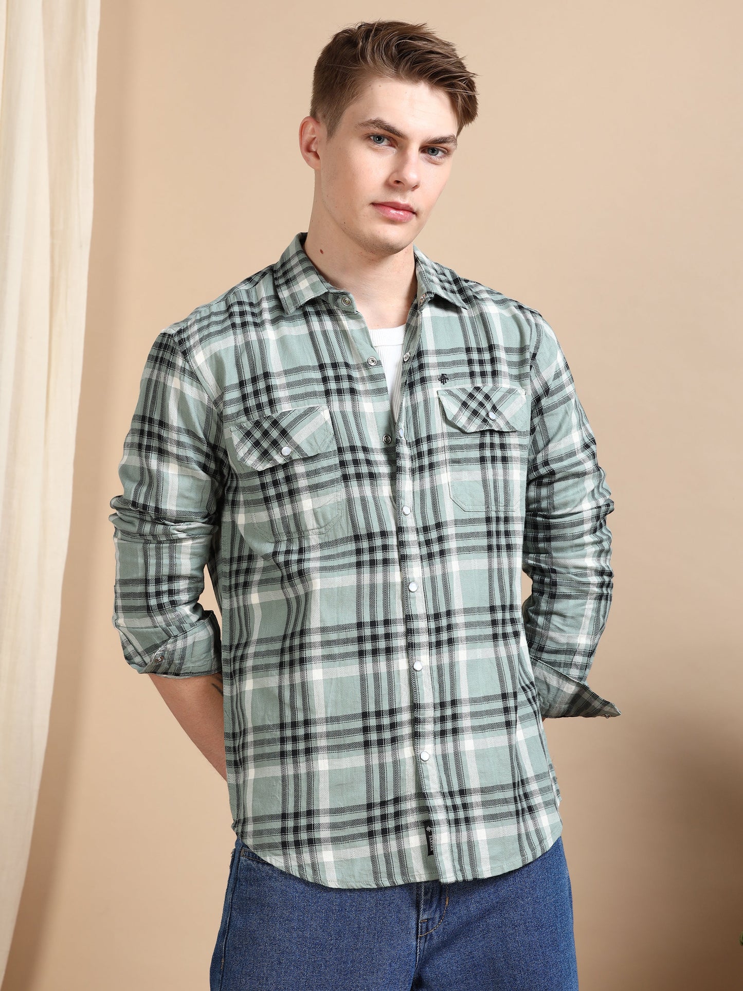 Imported Dobby Printed Checked Green shirt for Men