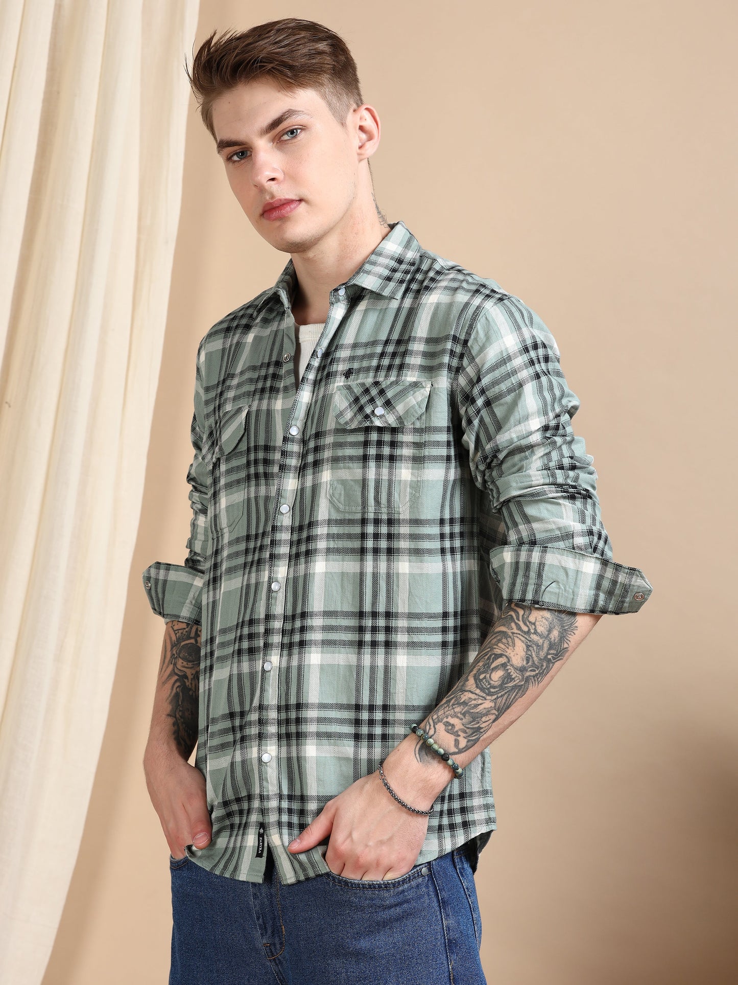 Imported Dobby Printed Checked Green shirt for Men