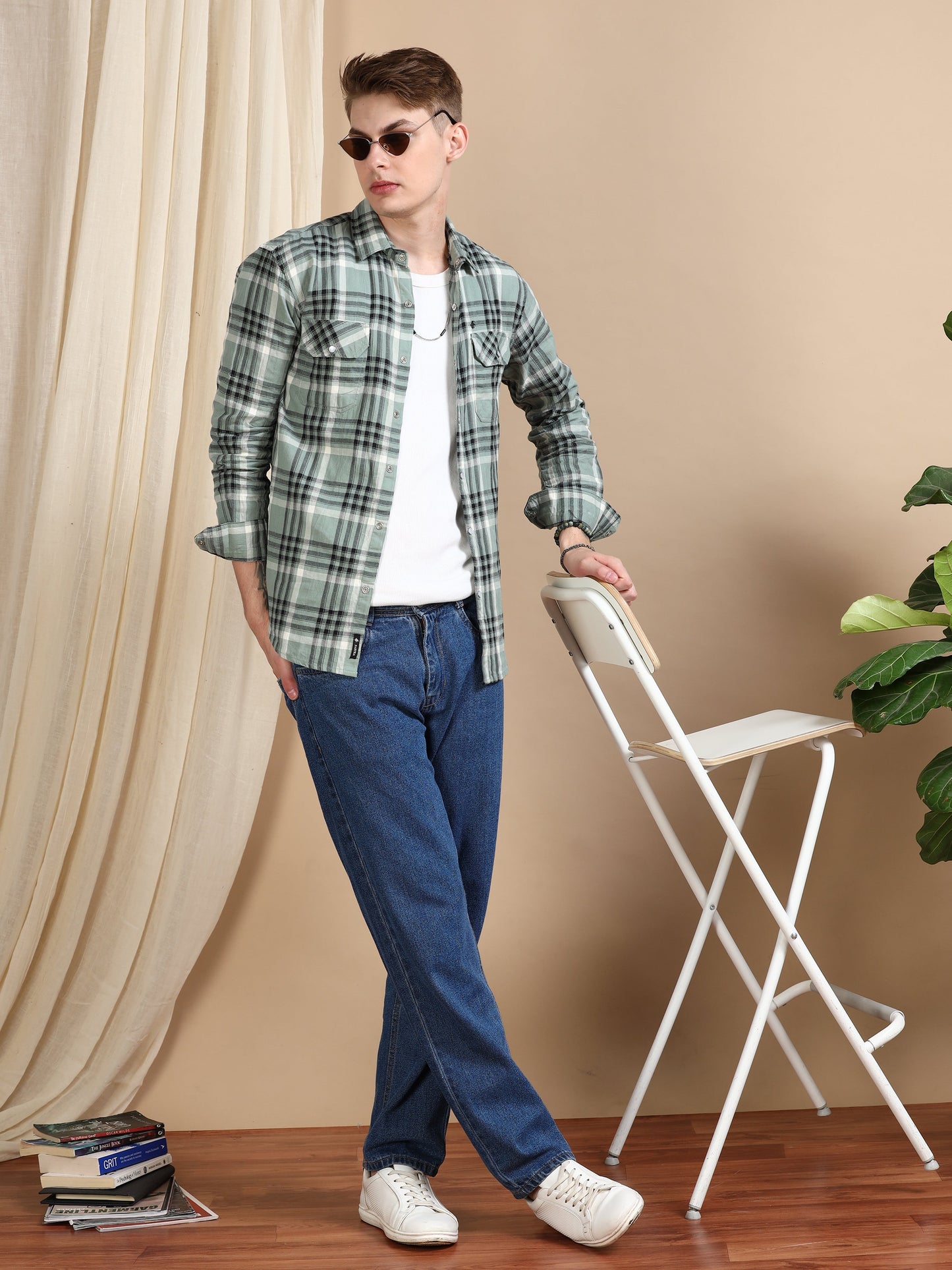 Imported Dobby Printed Checked Green shirt for Men