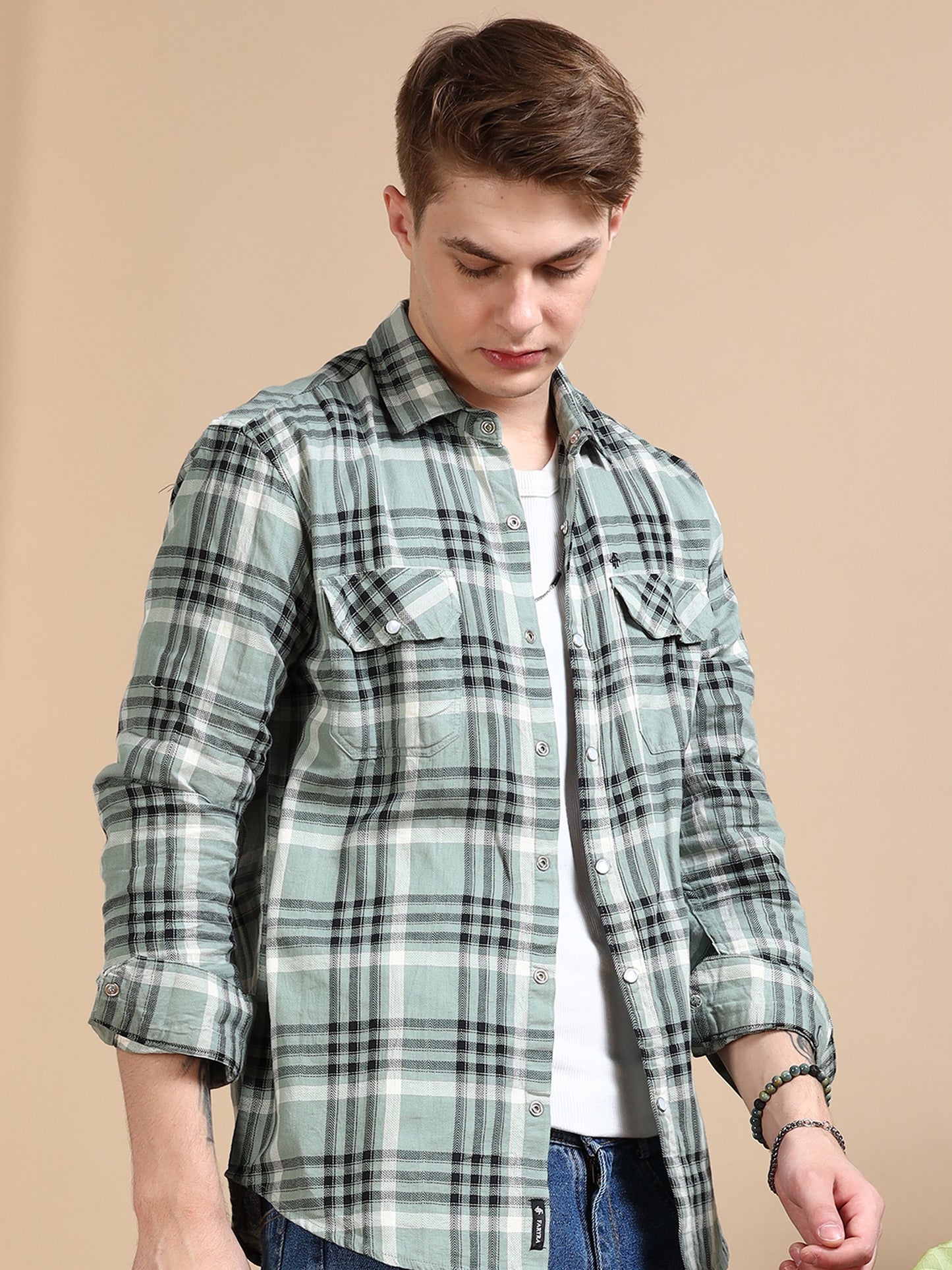 Imported Dobby Printed Checked Green shirt for Men