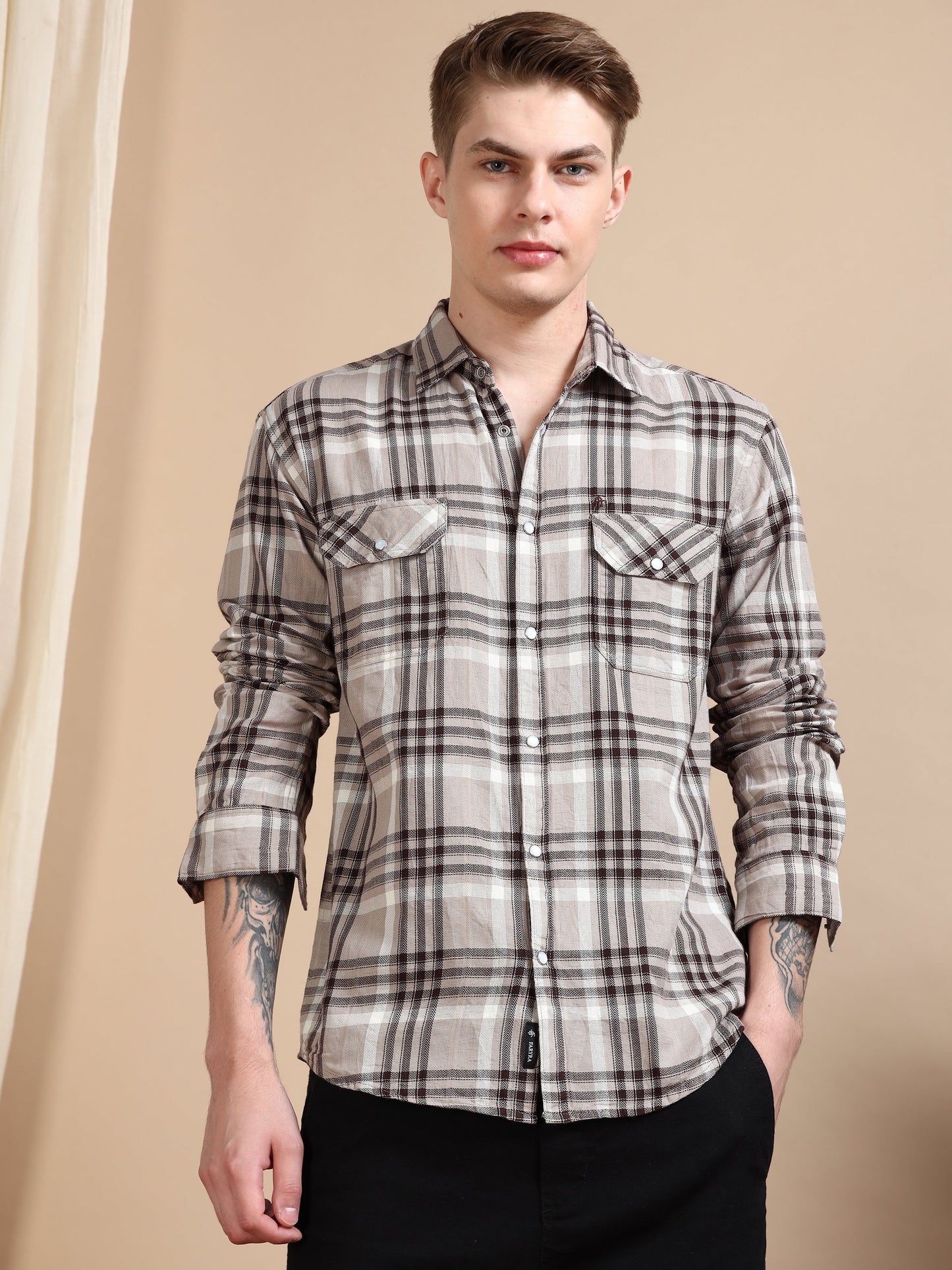 Imported Dobby Printed Checked Beige shirt for Men