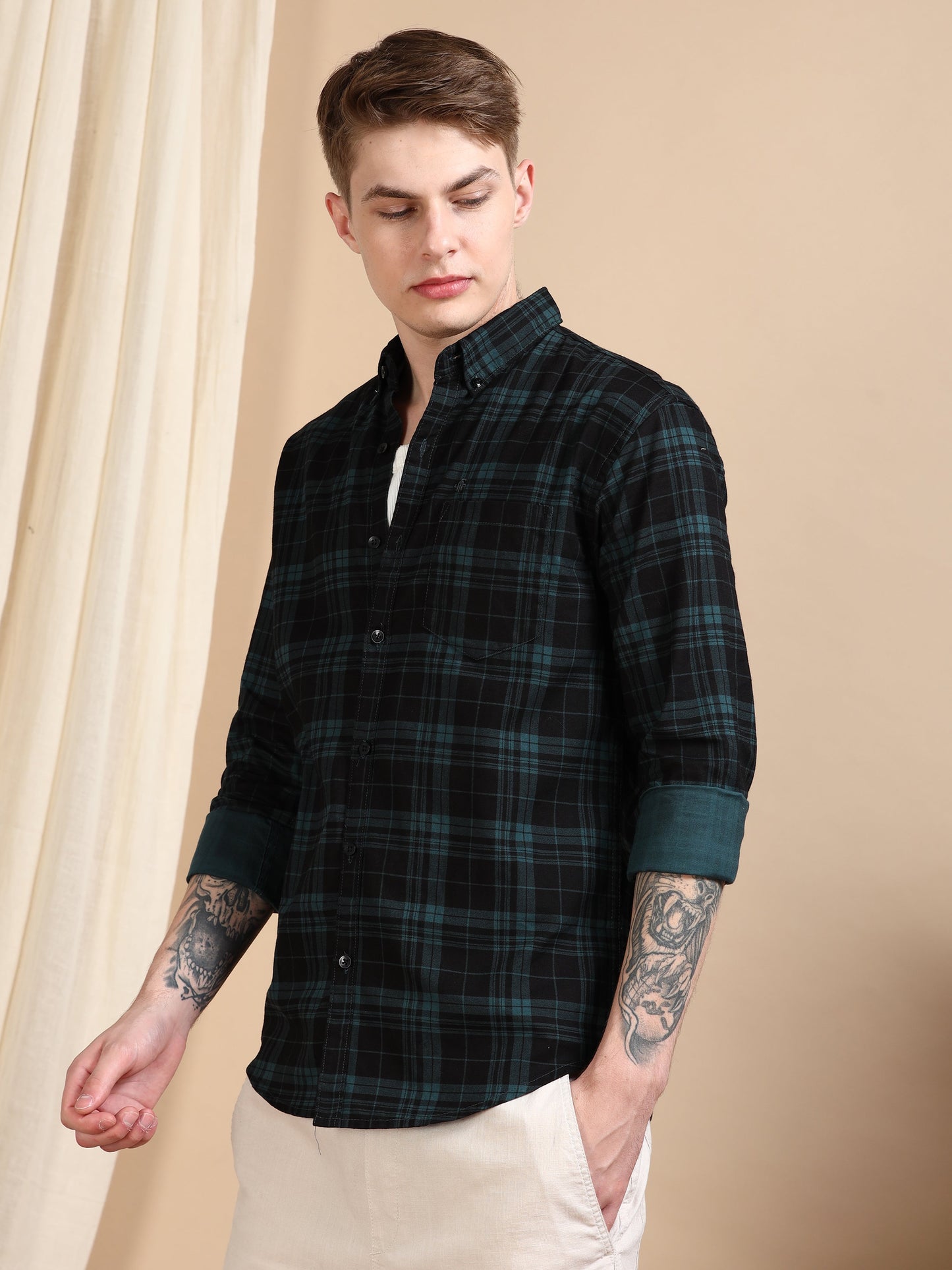 Casual Checked Green Shirt For Men