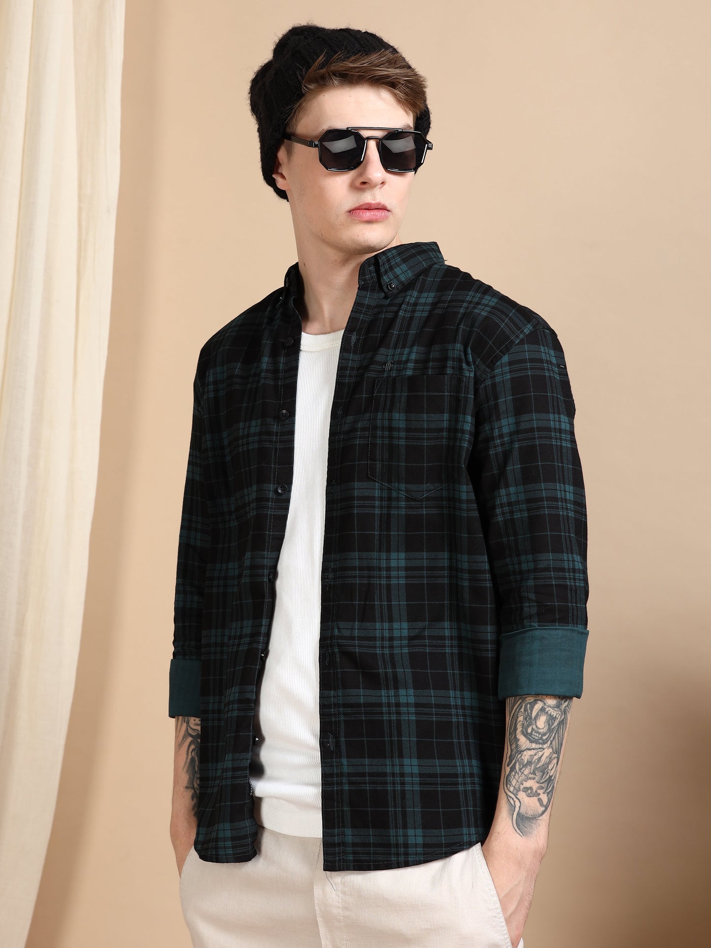 Casual Checked Green Shirt For Men