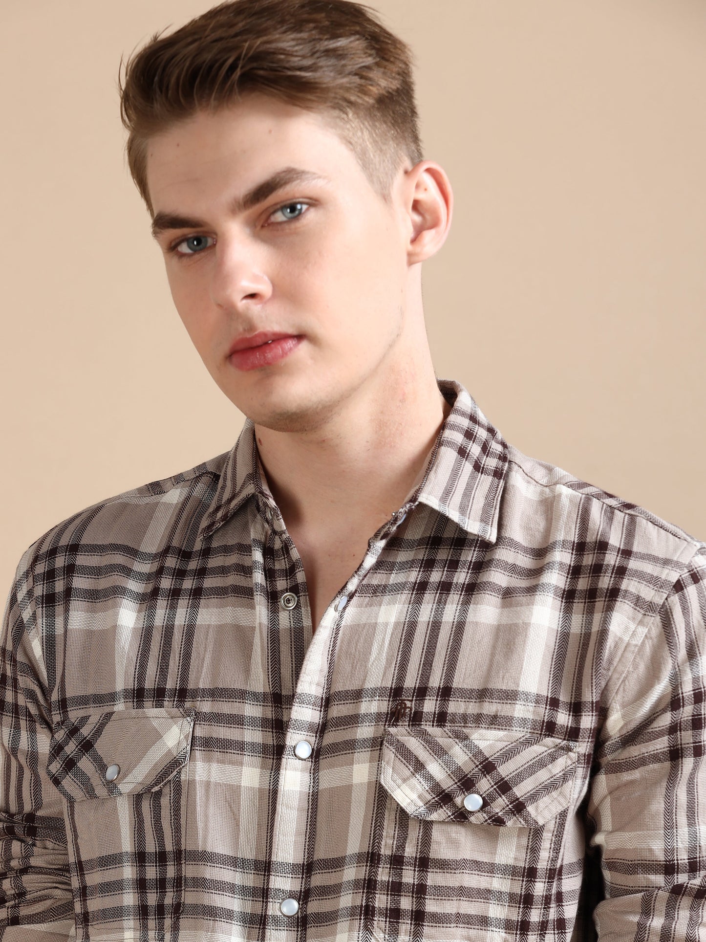 Imported Dobby Printed Checked Beige shirt for Men