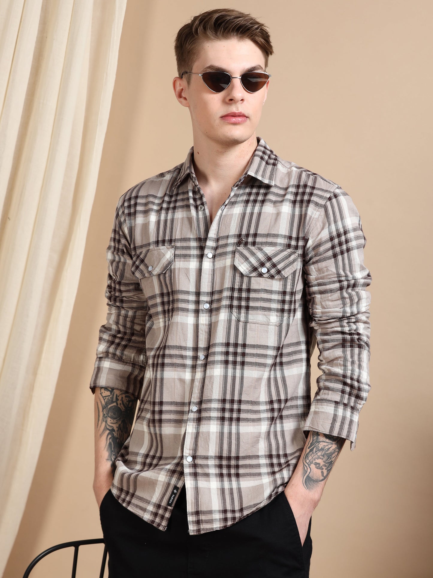 Imported Dobby Printed Checked Beige shirt for Men