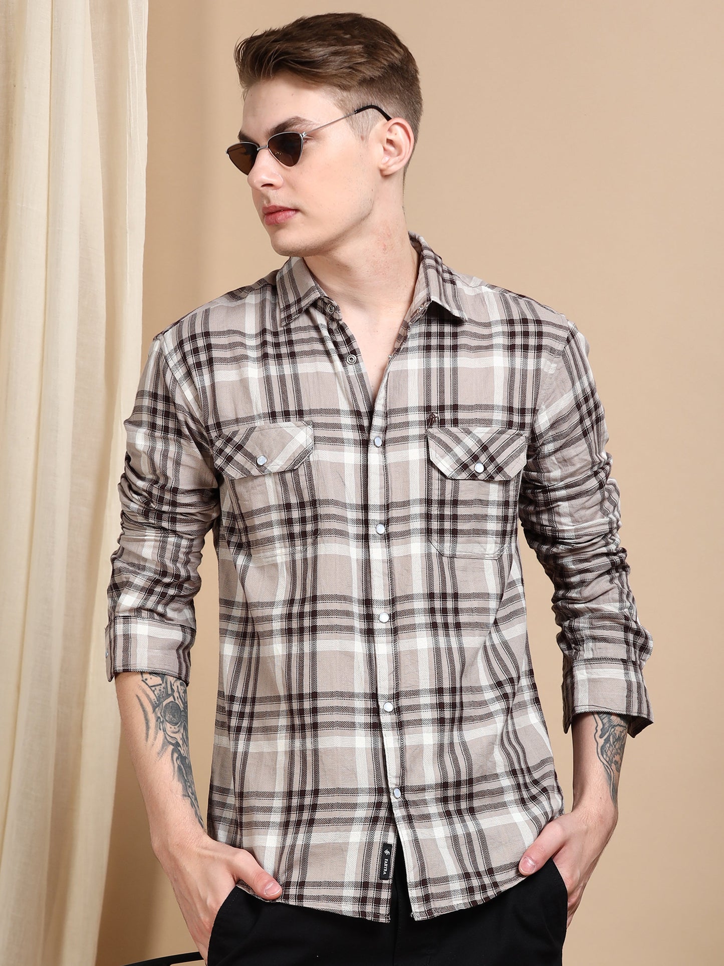 Imported Dobby Printed Checked Beige shirt for Men