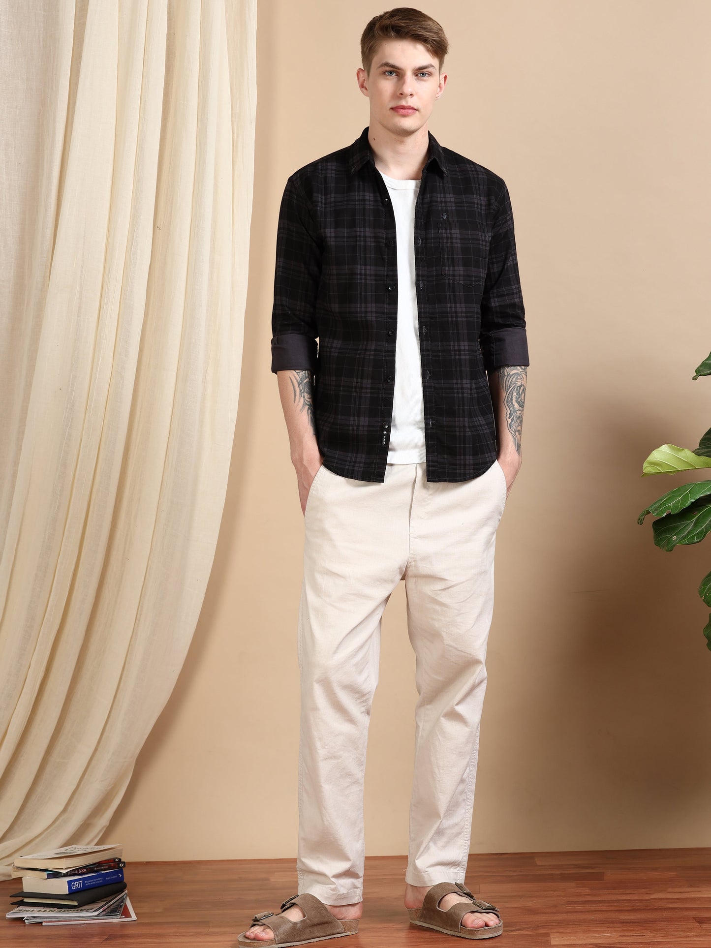 Casual Checked Ash Grey Shirt For Men