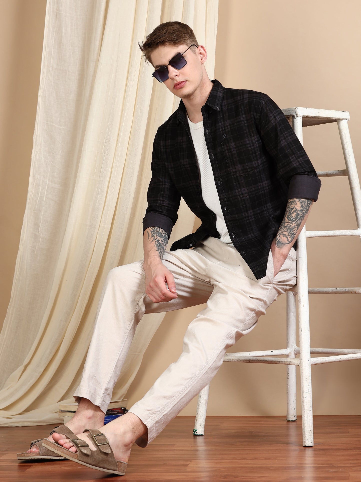 Casual Checked Ash Grey Shirt For Men