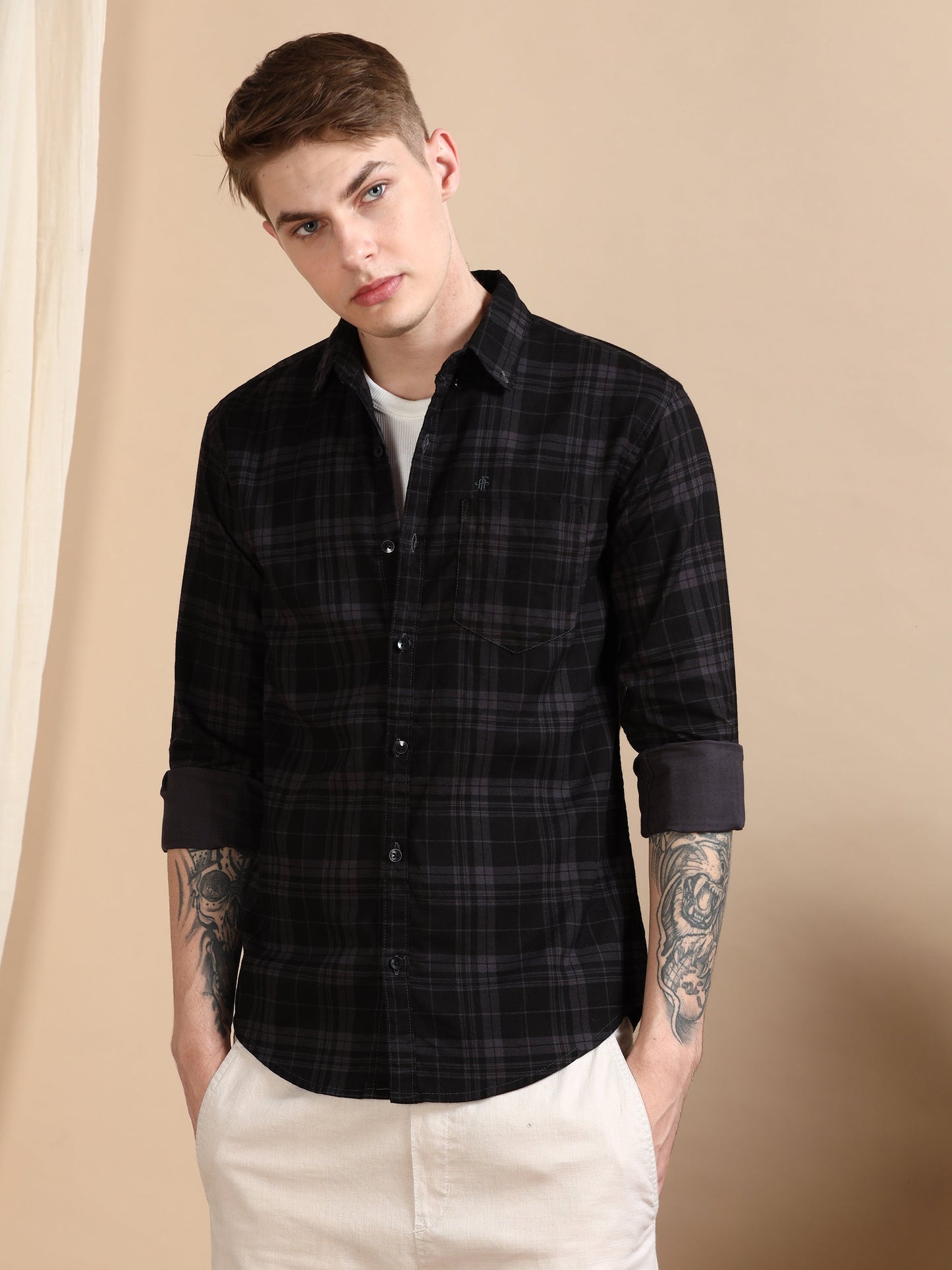 Casual Checked Ash Grey Shirt For Men