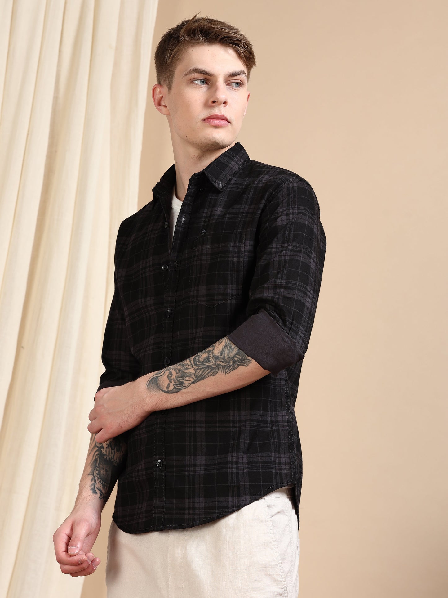 Casual Checked Ash Grey Shirt For Men