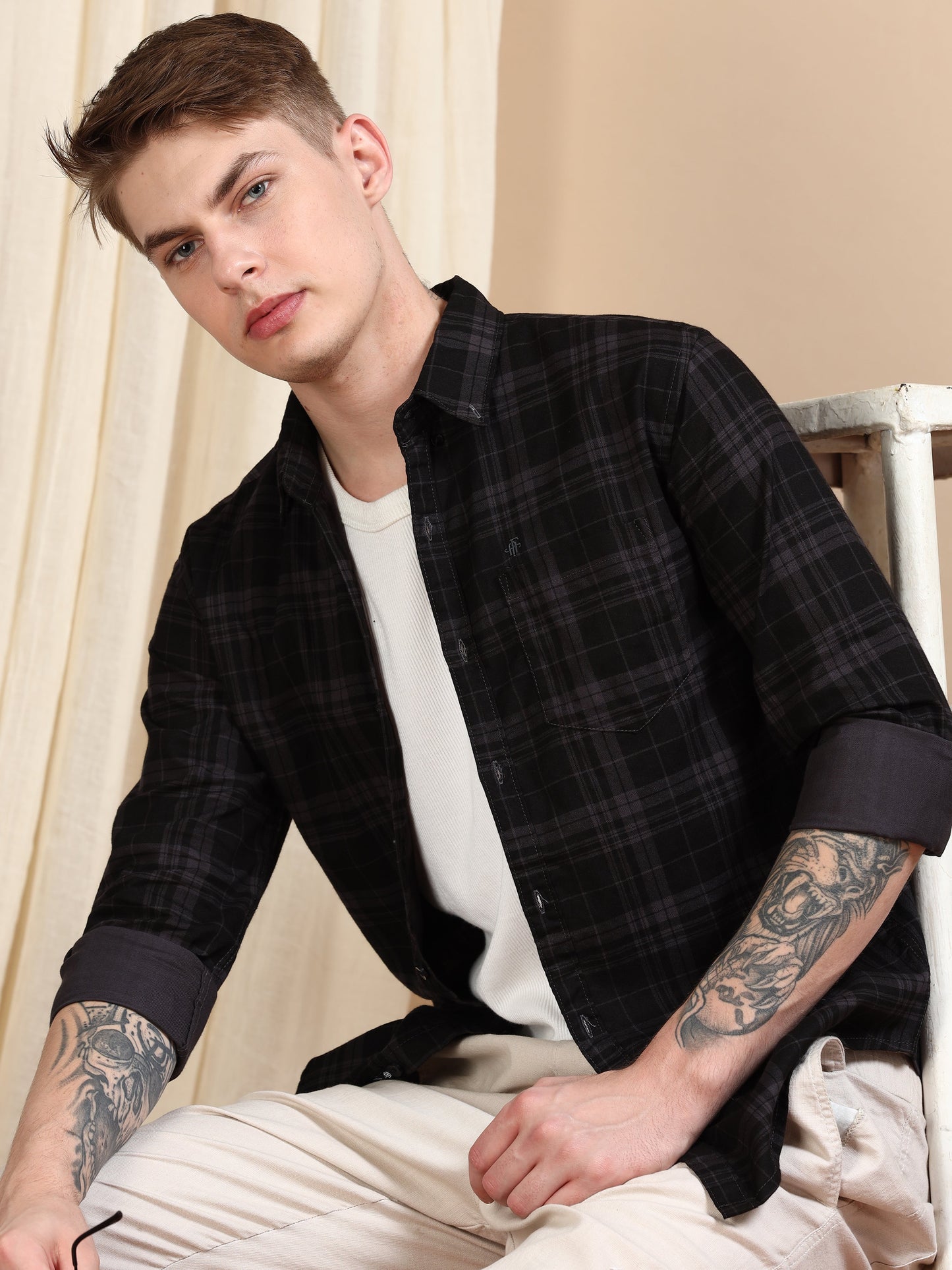 Casual Checked Ash Grey Shirt For Men