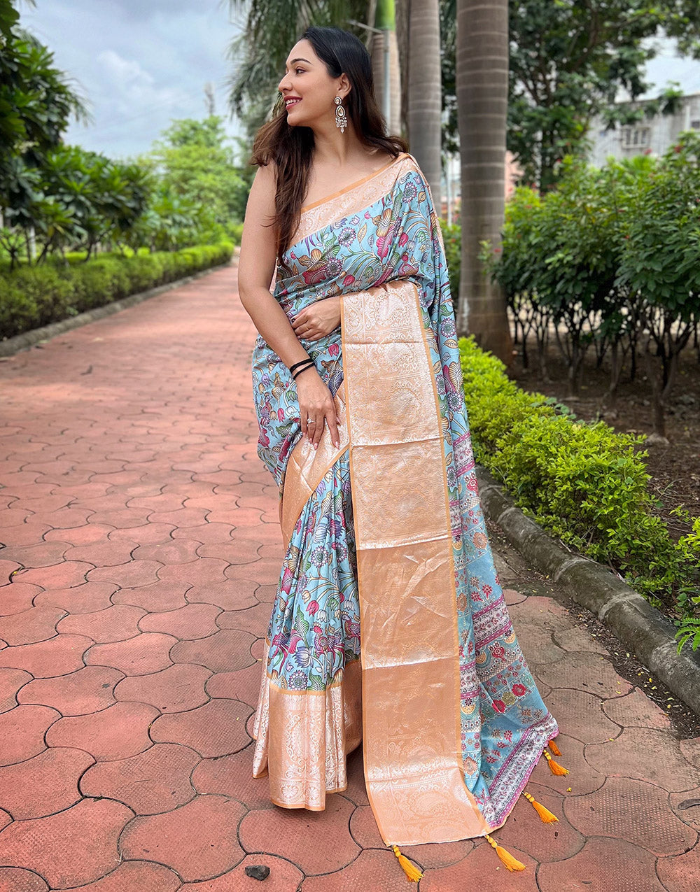 Baby Blue Tussar Silk Saree With Flower Print