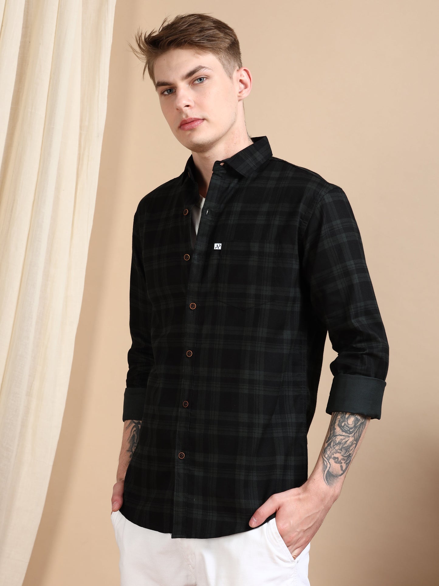 Green Cotton Blend Checks Shirt For Men