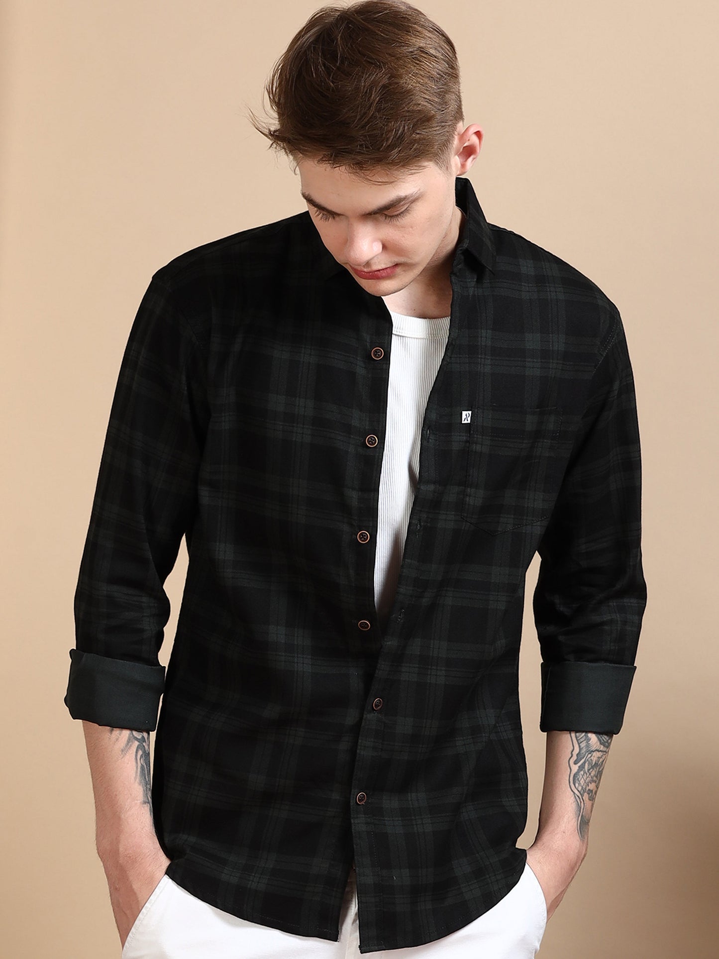 Green Cotton Blend Checks Shirt For Men