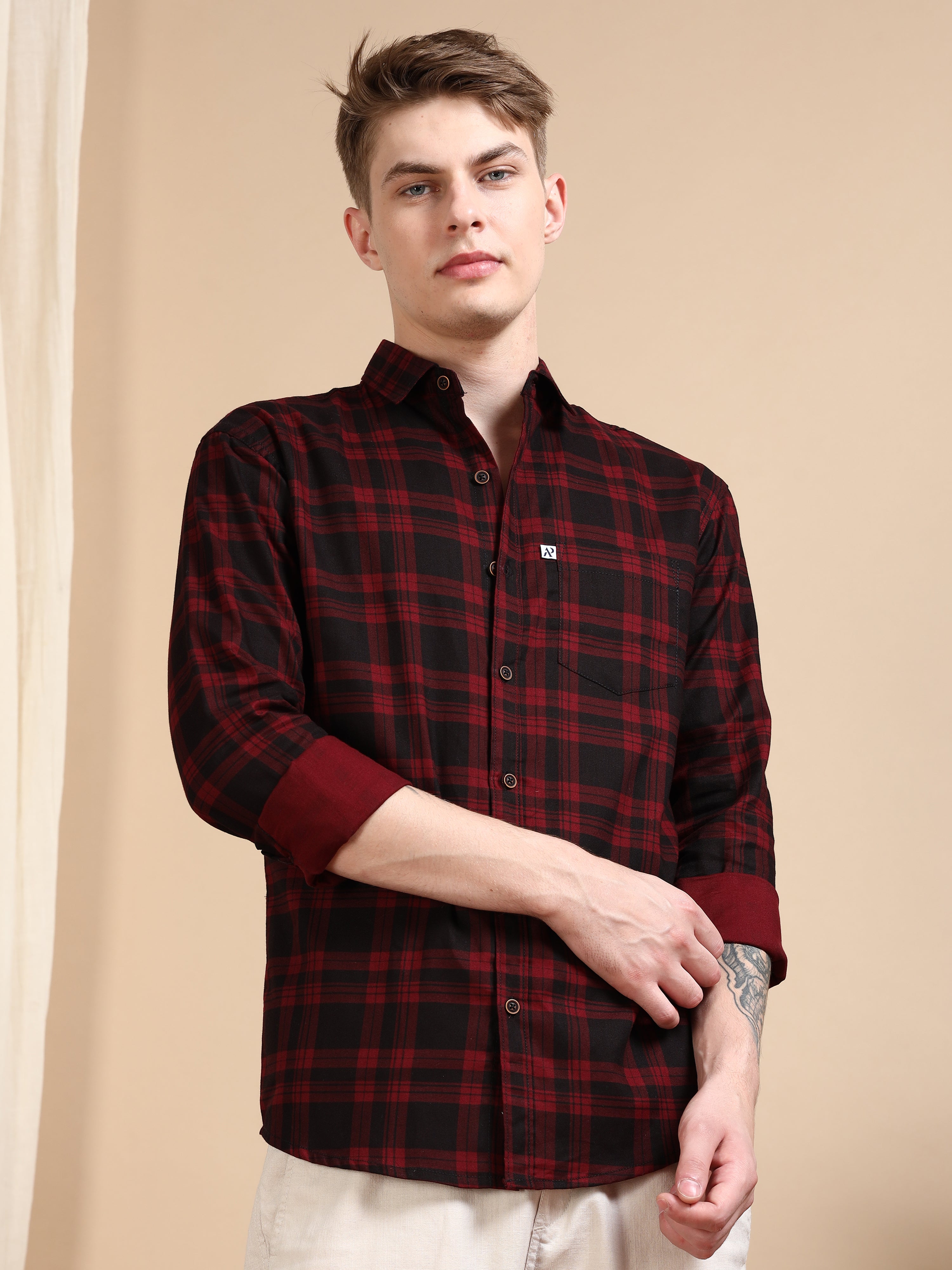 Maroon Cotton Blend Checks Shirt For Men