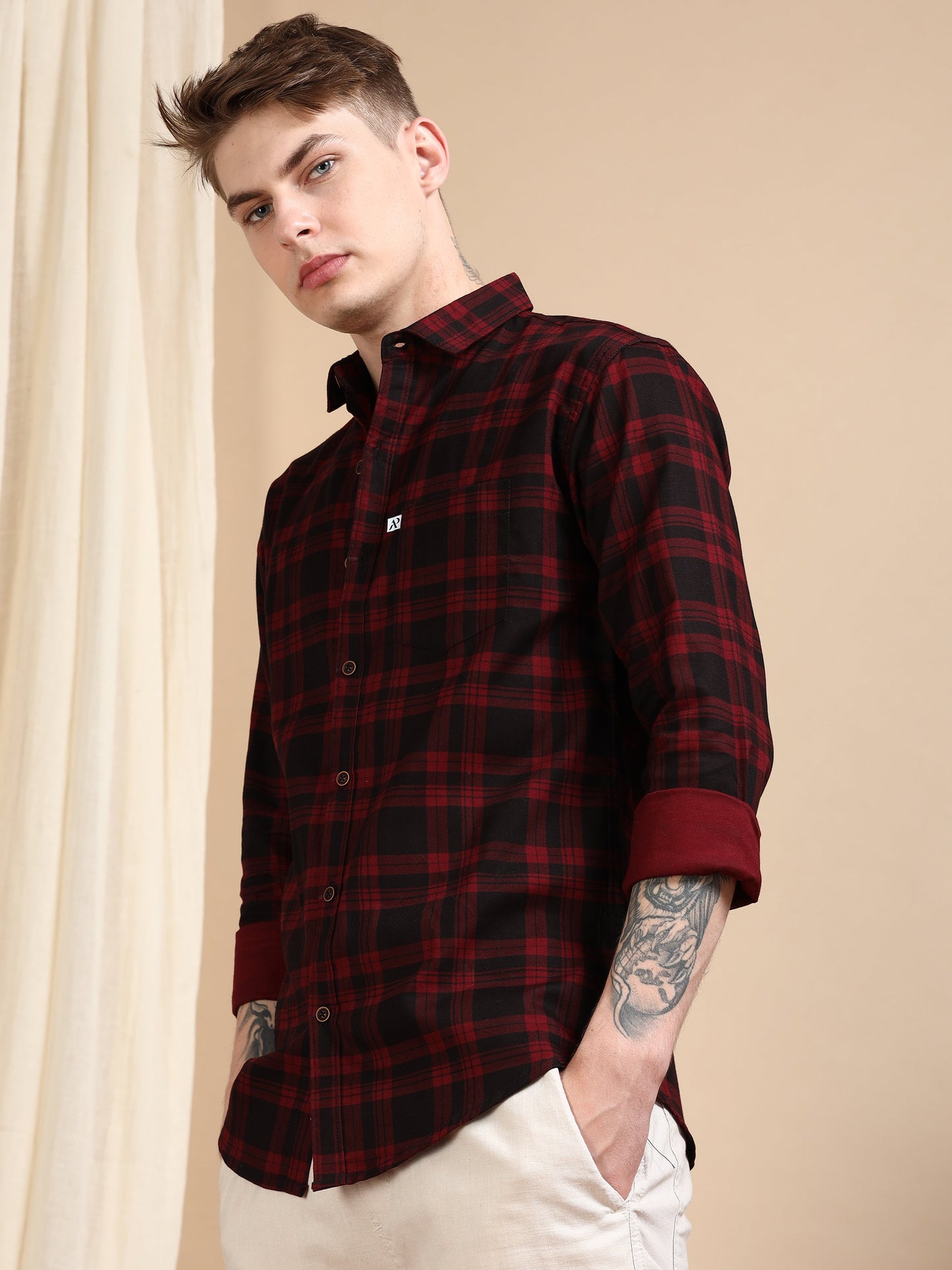 Maroon Cotton Blend Checks Shirt For Men