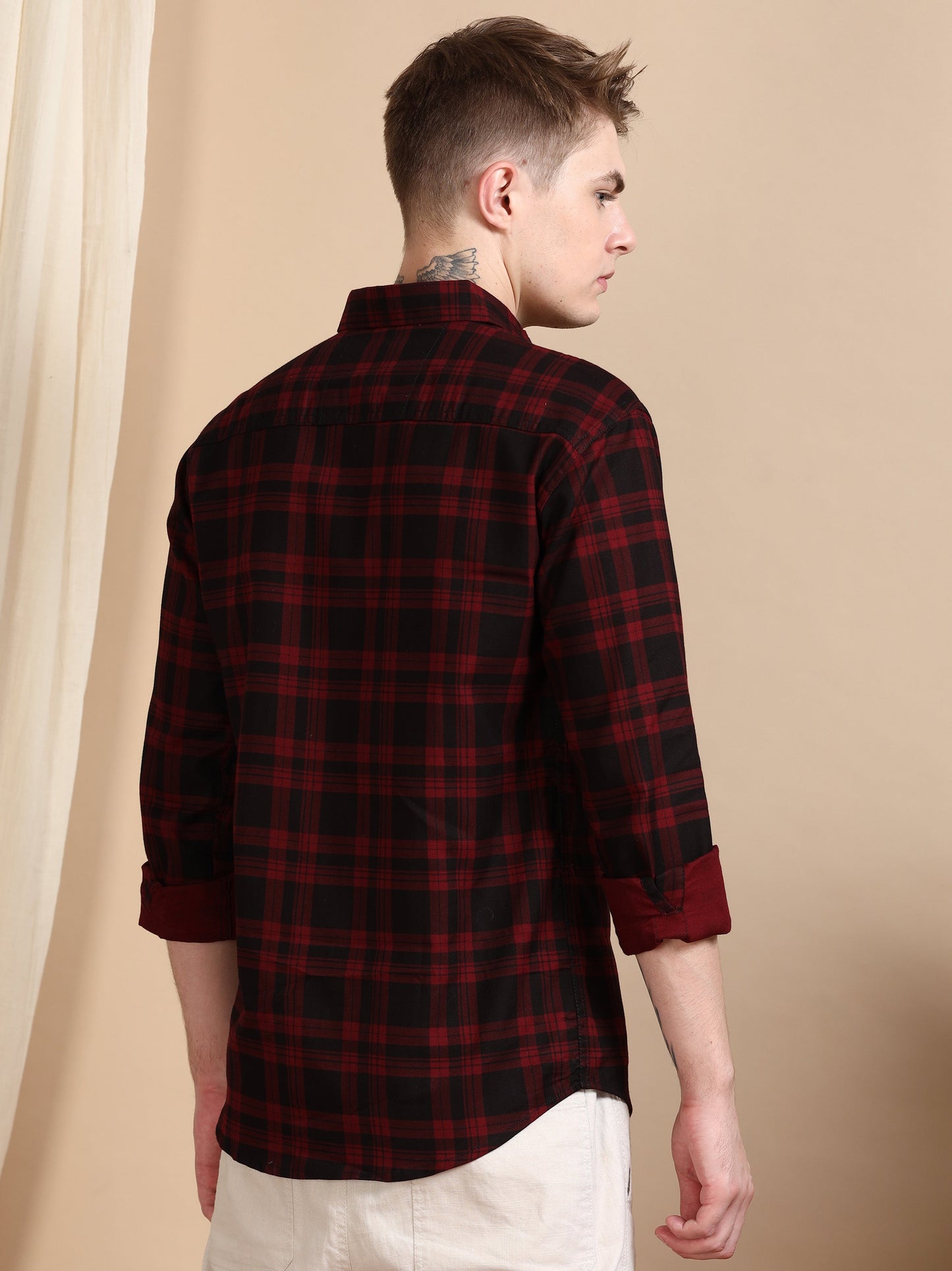 Maroon Cotton Blend Checks Shirt For Men