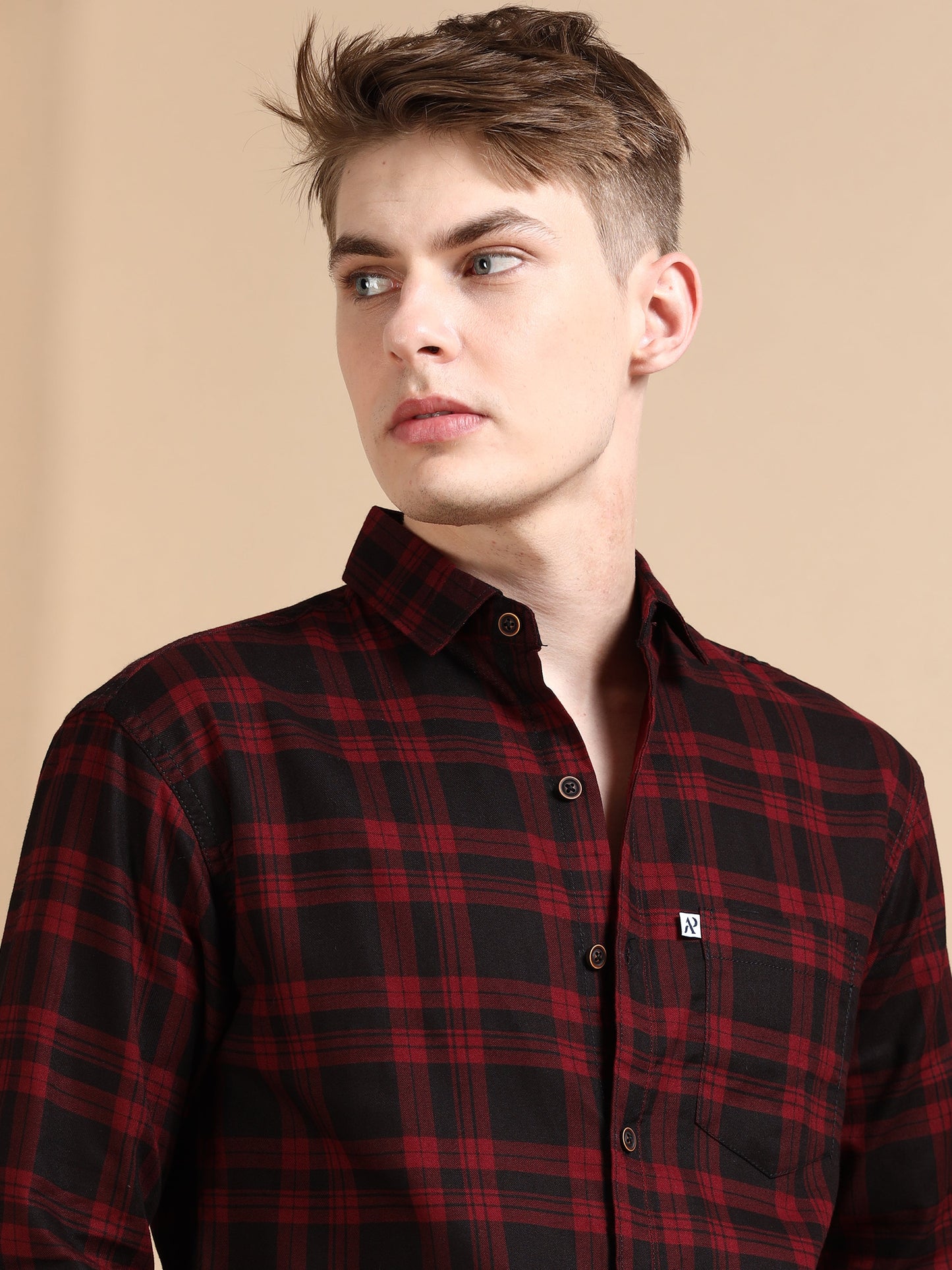 Maroon Cotton Blend Checks Shirt For Men