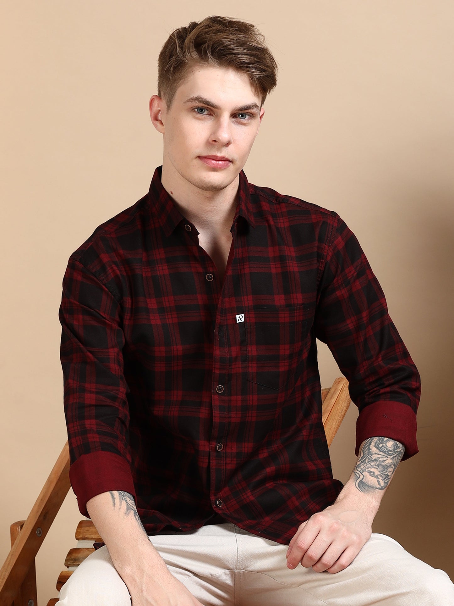 Maroon Cotton Blend Checks Shirt For Men